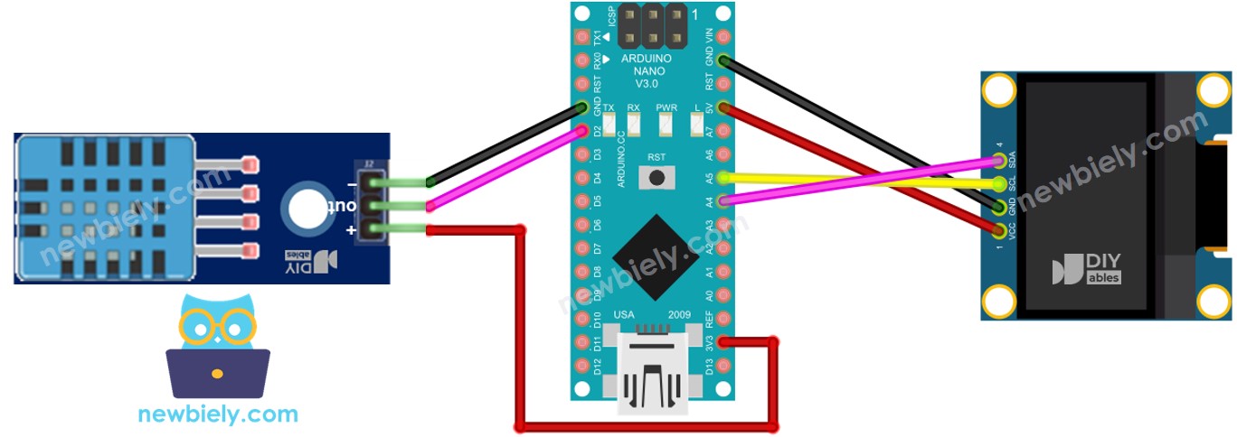 Diagrama de ligação do Arduino Nano com o sensor DHT11 e o OLED