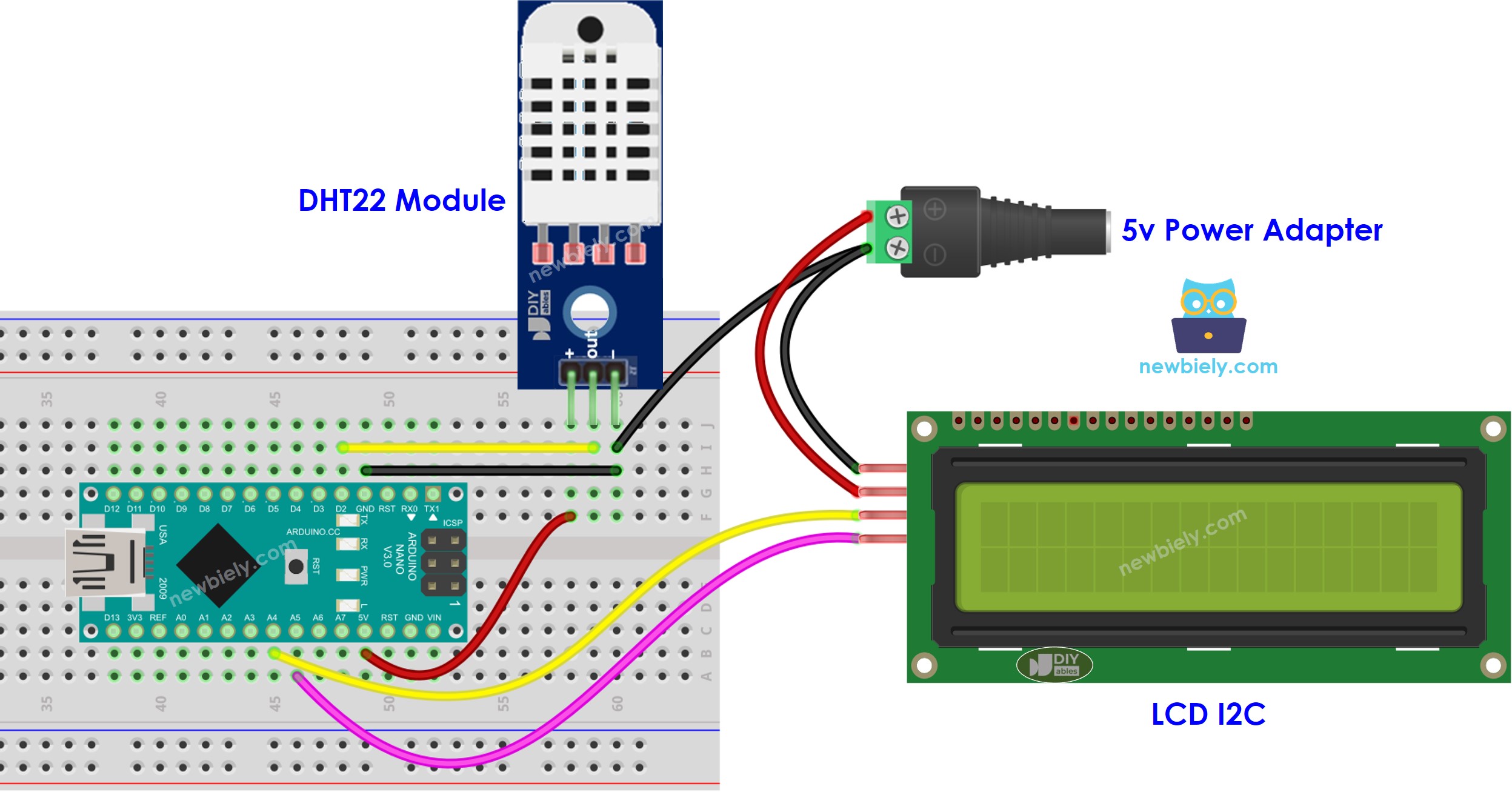 Diagrama de ligação do Arduino Nano com LCD e DHT22 com alimentação externa