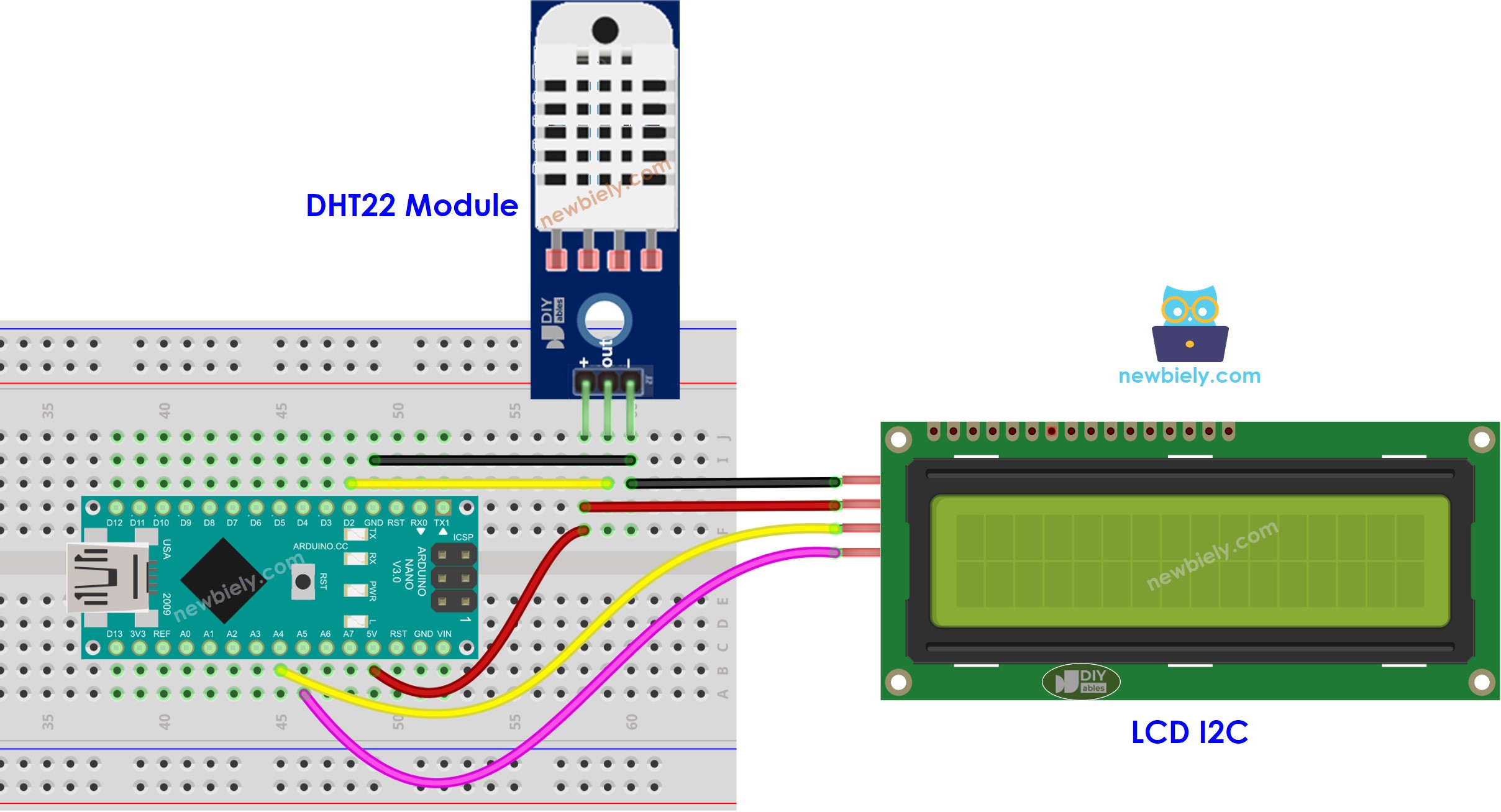 Diagrama de ligação do Arduino Nano com LCD e sensor de temperatura e umidade DHT22