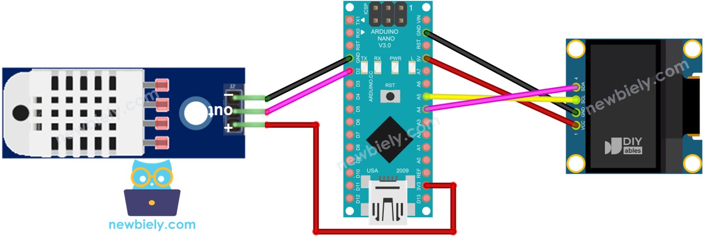 Diagrama de ligação do Arduino Nano com o sensor DHT22 e o OLED