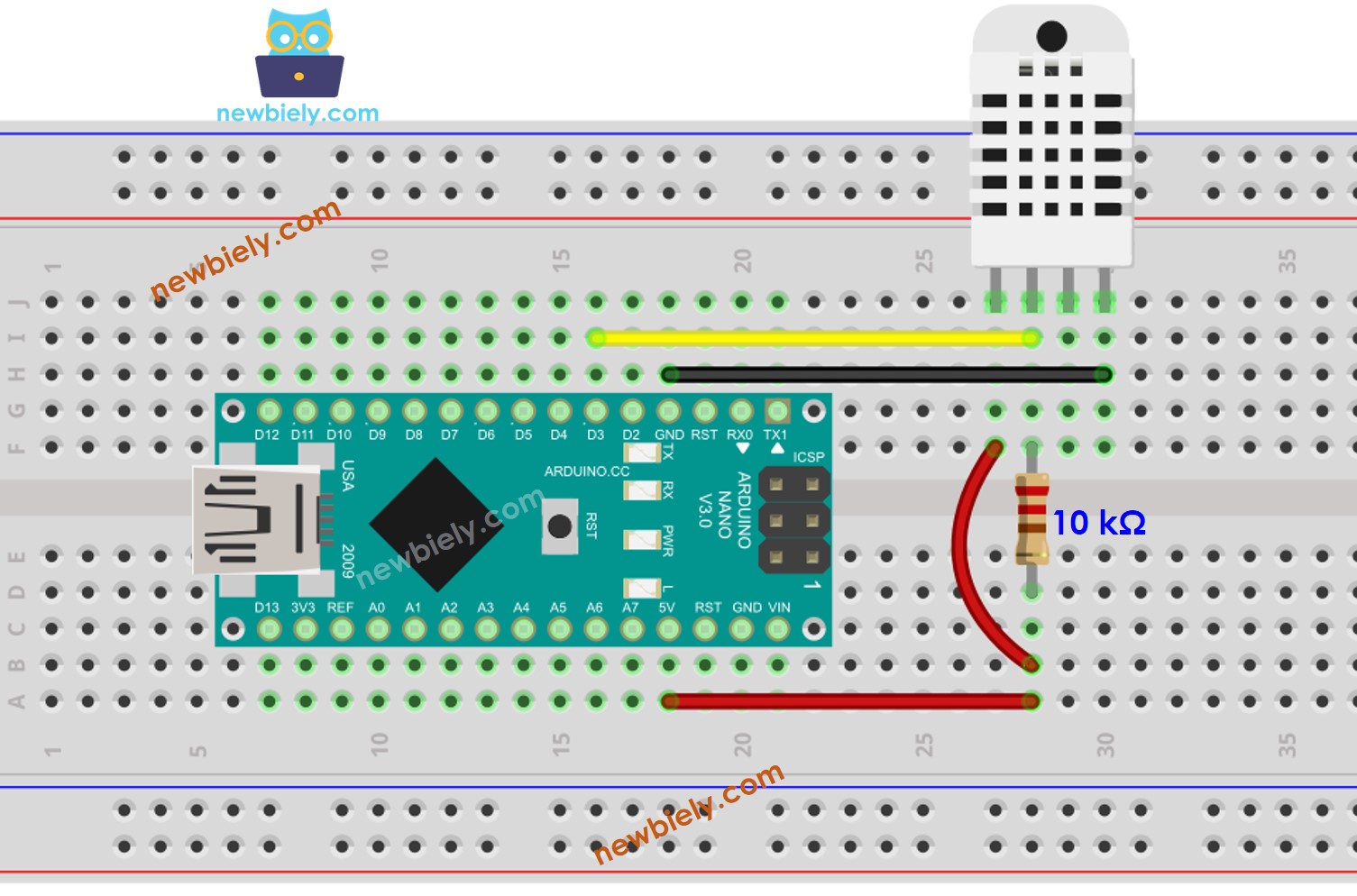 Diagrama de ligação do Arduino Nano com o sensor de temperatura e umidade DHT22