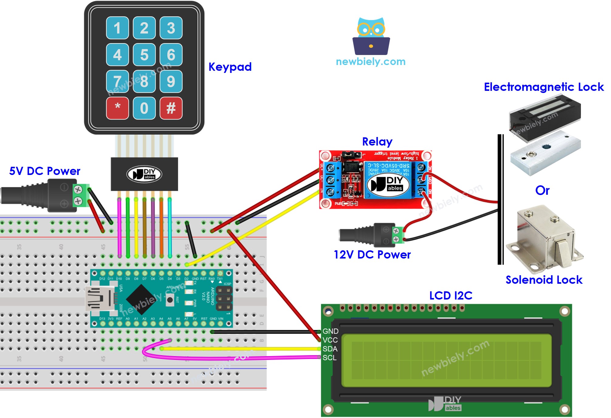 The wiring diagram between Arduino Nano and door lock system lcd external power supply