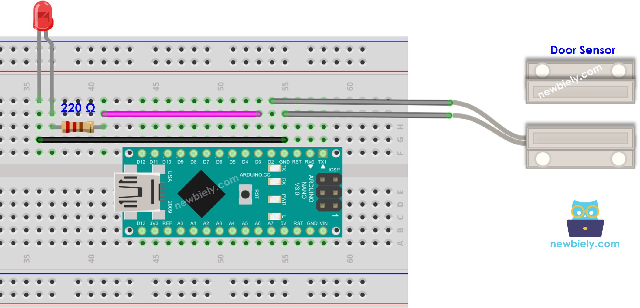 Diagrama de ligação do sensor de porta e LED com Arduino Nano
