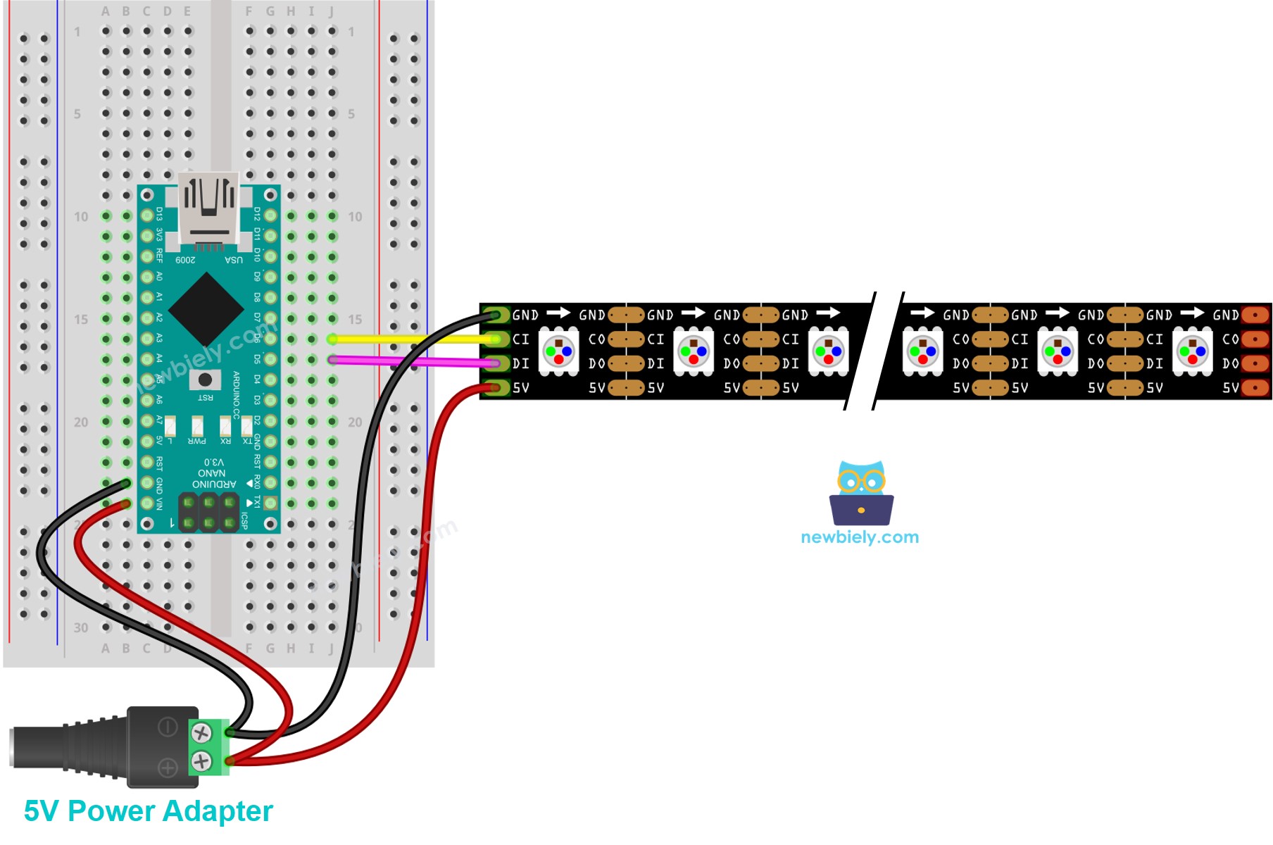 Diagrama de Ligação da fita LED RGB DotStar com Arduino Nano