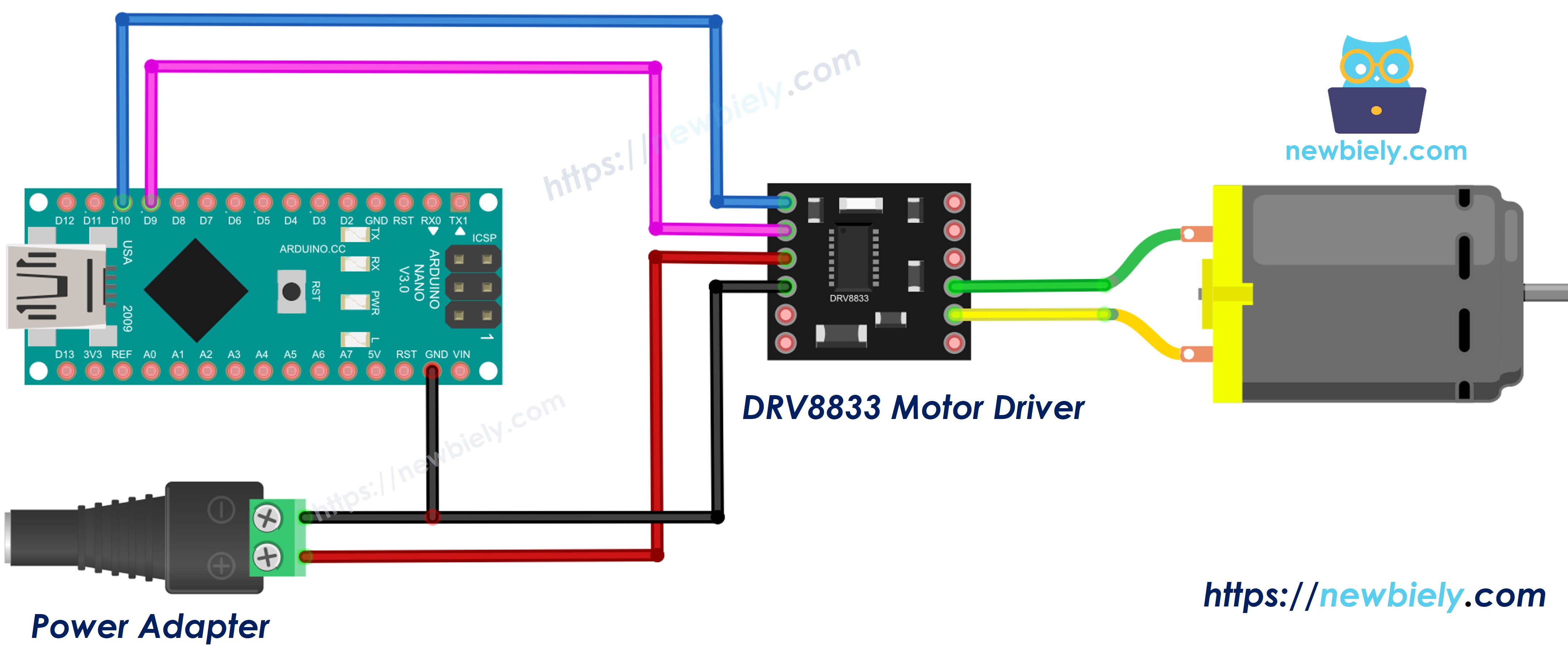 Diagrama de ligação do Arduino Nano com DRV8833 e um motor DC