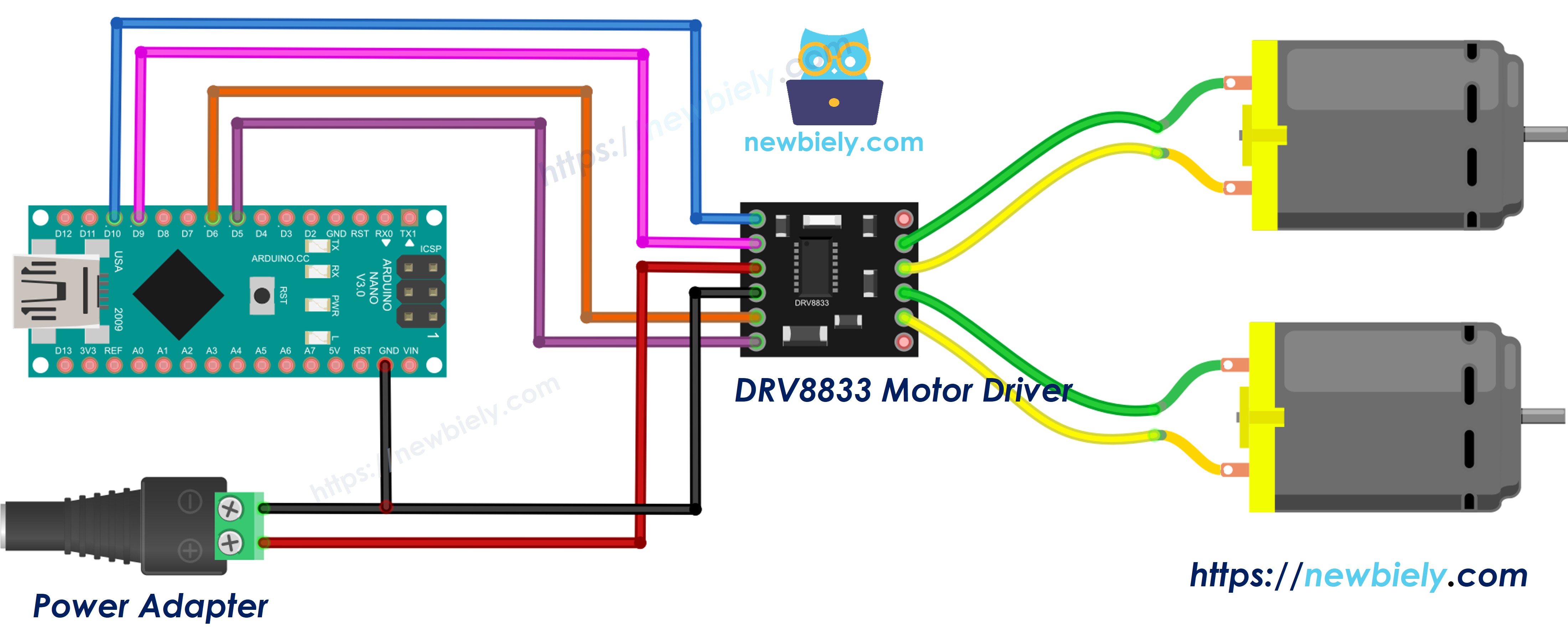 Diagrama de ligação do Arduino Nano com DRV8833 e dois motores DC