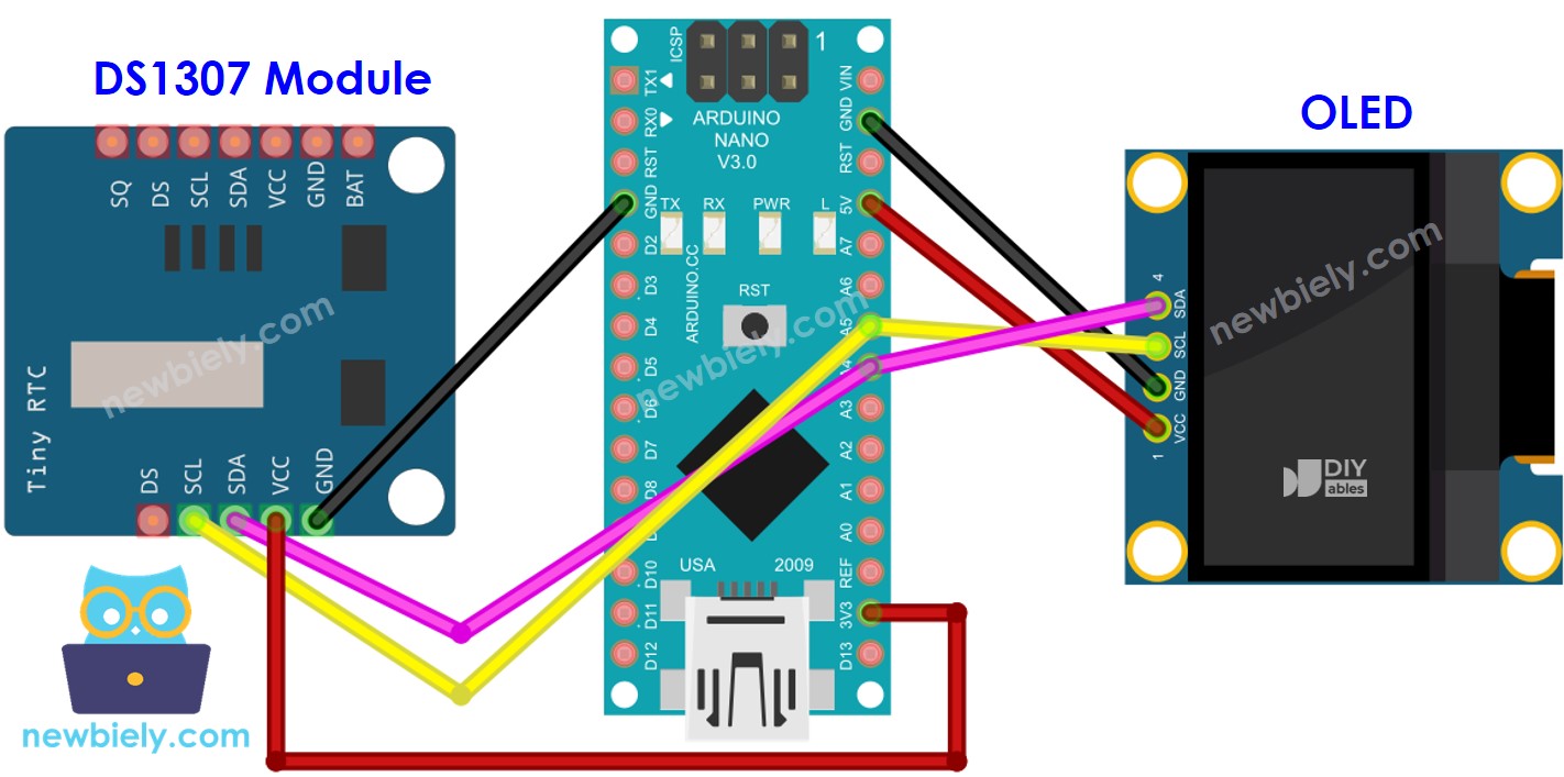 Diagrama de ligação do DS1307 e OLED com Arduino Nano
