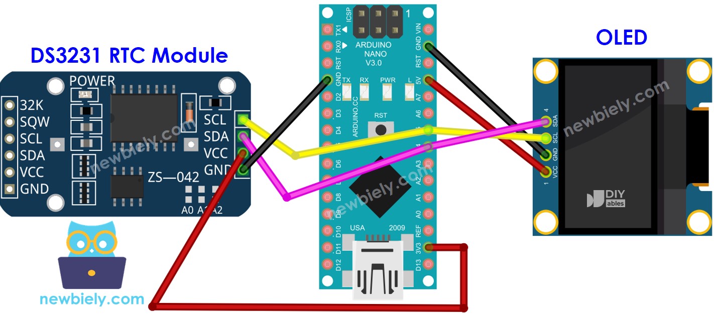 Diagrama de ligação do DS3231 e OLED com Arduino Nano