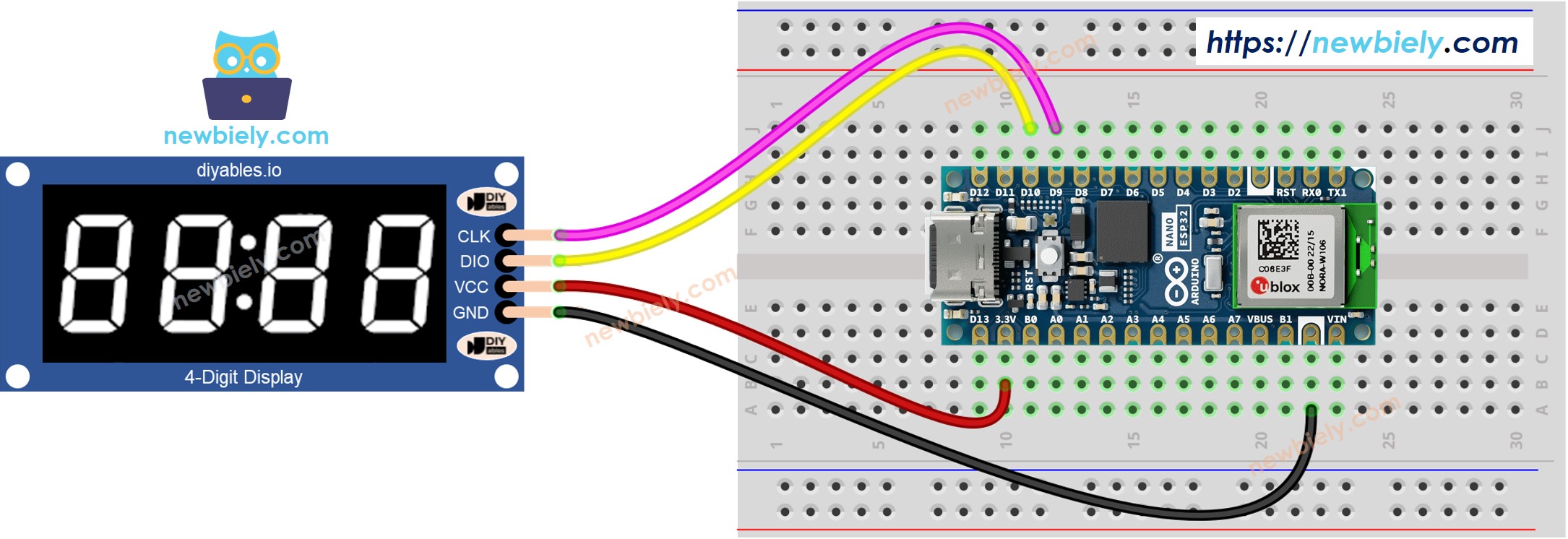 Diagrama de ligação do Display de 7 Segmentos e 4 Dígitos TM1637 do Arduino Nano ESP32