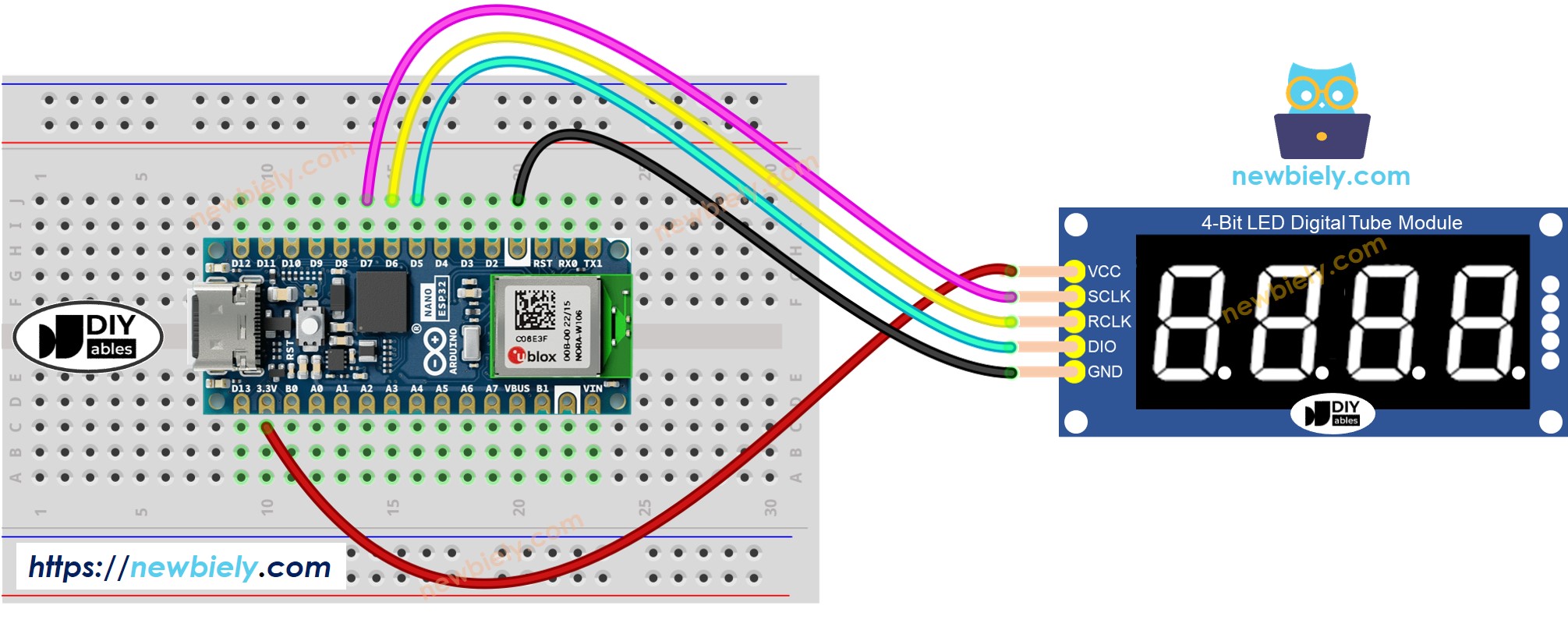 Diagrama de ligação do Display de 7 Segmentos e 4 Dígitos 74HC595 do Arduino Nano ESP32