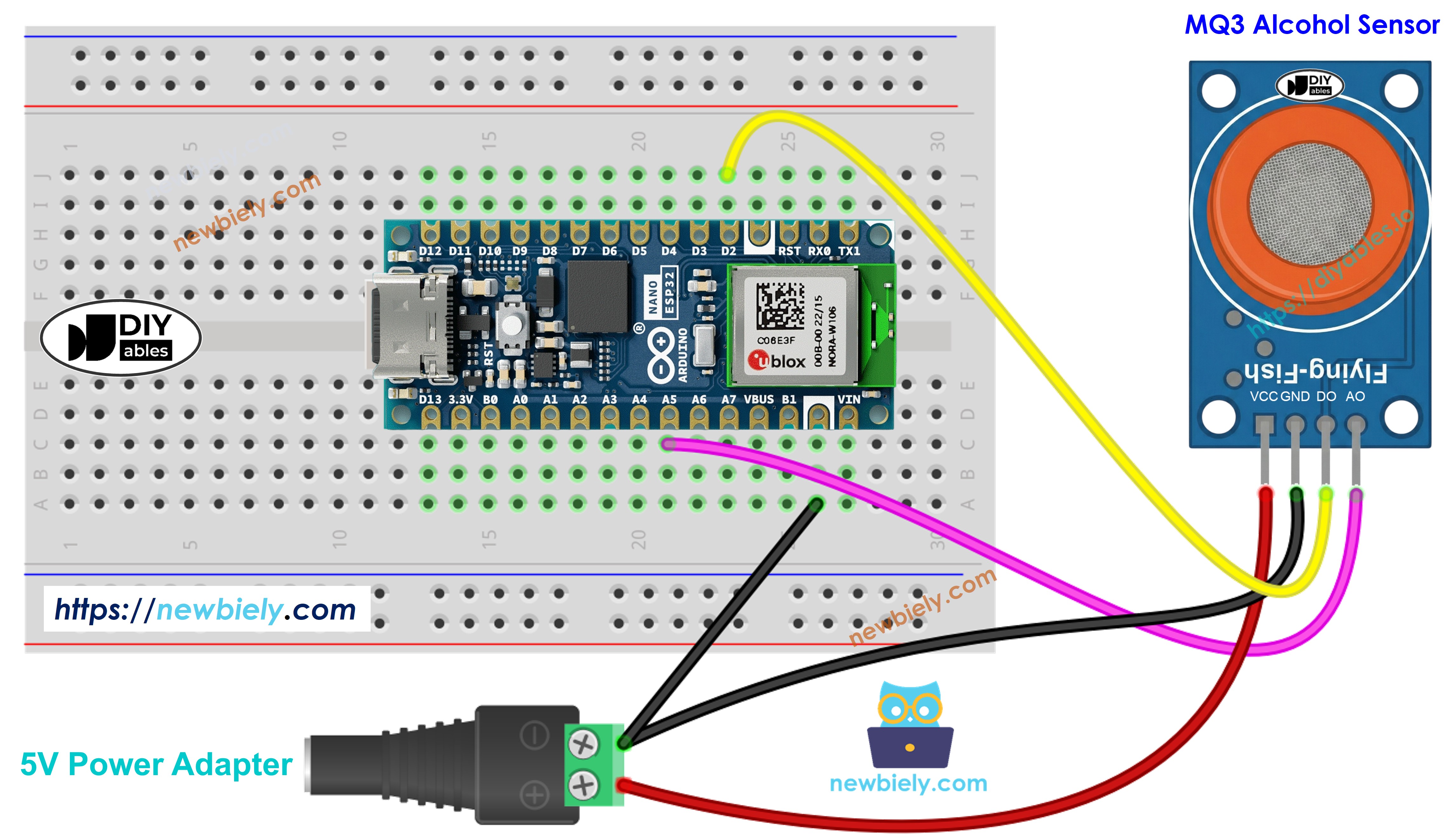 Diagrama de ligação do detector de álcool com o Arduino Nano ESP32