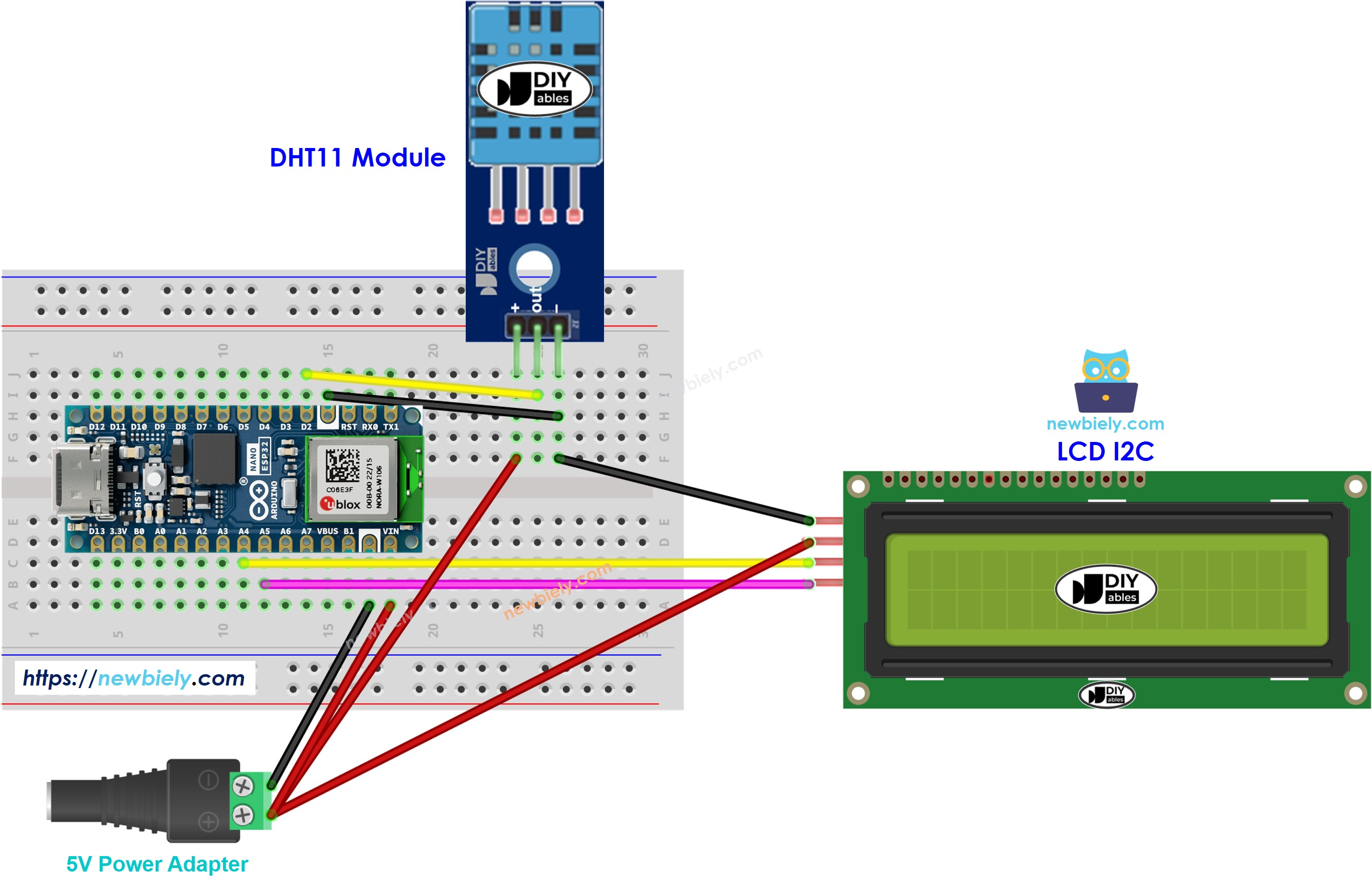 Diagrama de ligação do DHT11 com LCD I2C e Arduino Nano ESP32