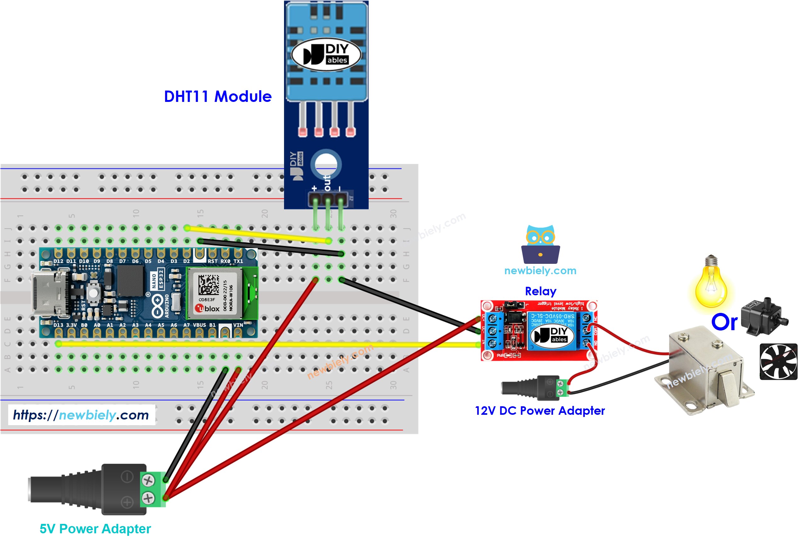 Diagrama de ligação do sensor dht11 com relé e Arduino Nano ESP32