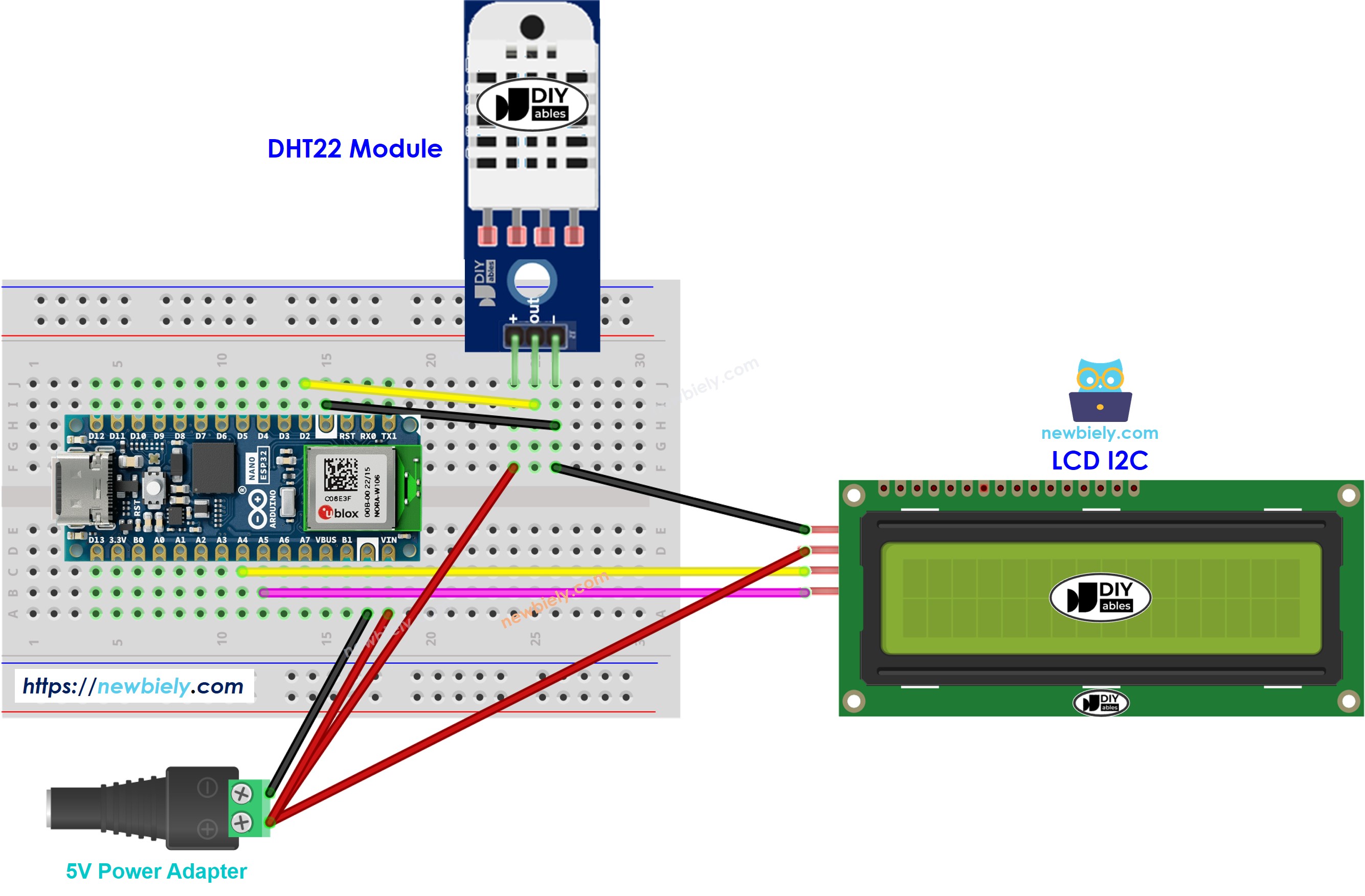 Diagrama de ligação do módulo DHT22 com LCD e Arduino Nano ESP32