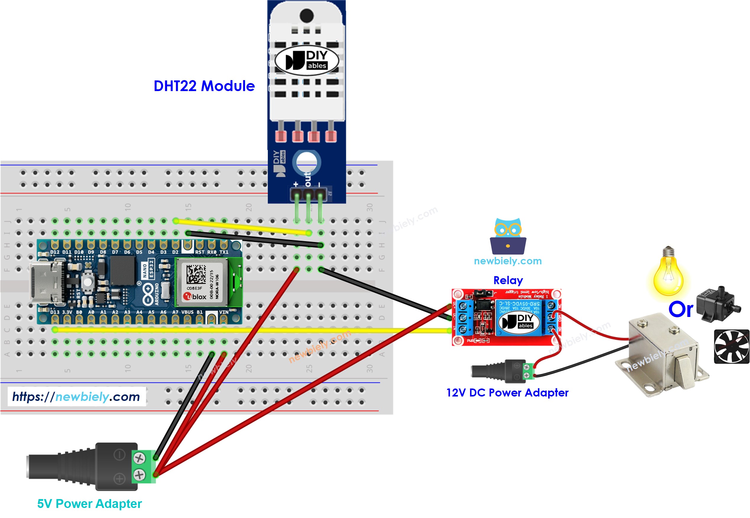 Diagrama de ligação do sensor dht22 com relé e Arduino Nano ESP32