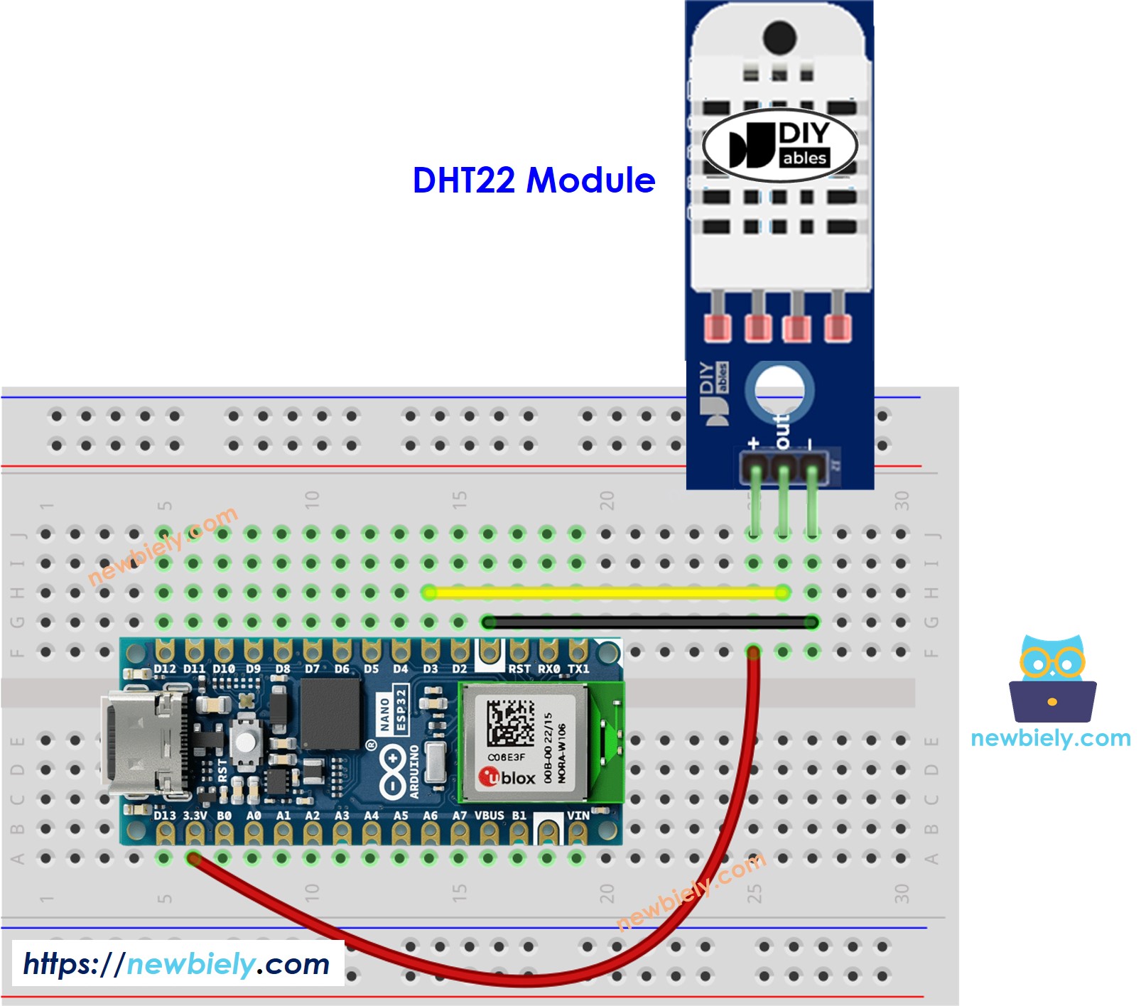 Diagrama de ligação do módulo de temperatura e umidade DHT22 com o Arduino Nano ESP32