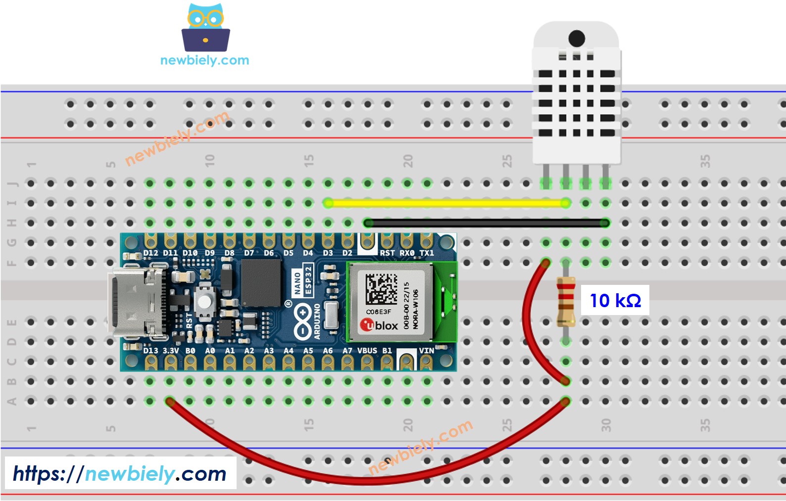 Diagrama de ligação do sensor de temperatura e umidade DHT22 com o Arduino Nano ESP32