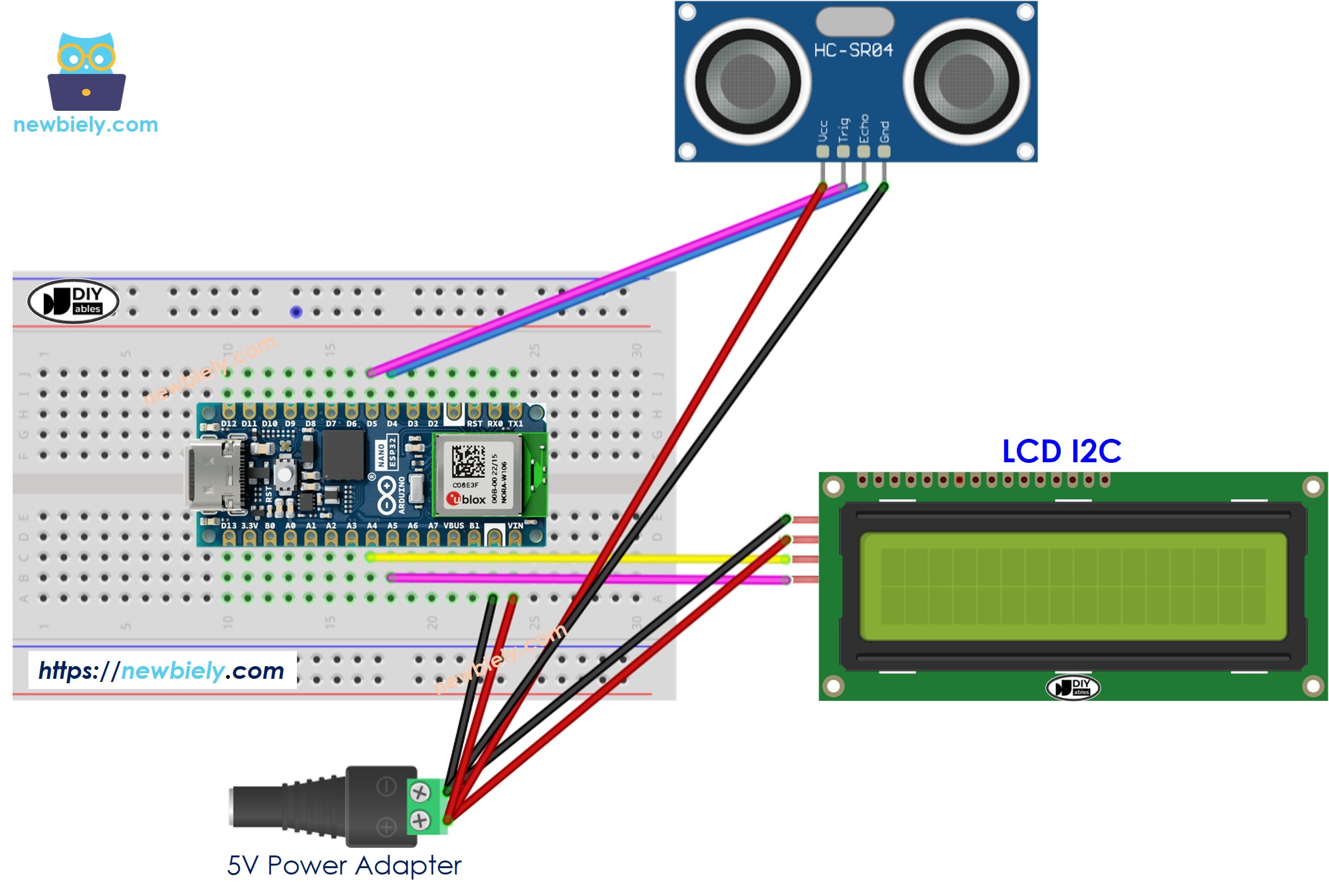 Diagrama de Ligação do Sensor Ultrassônico e LCD com o Arduino Nano ESP32