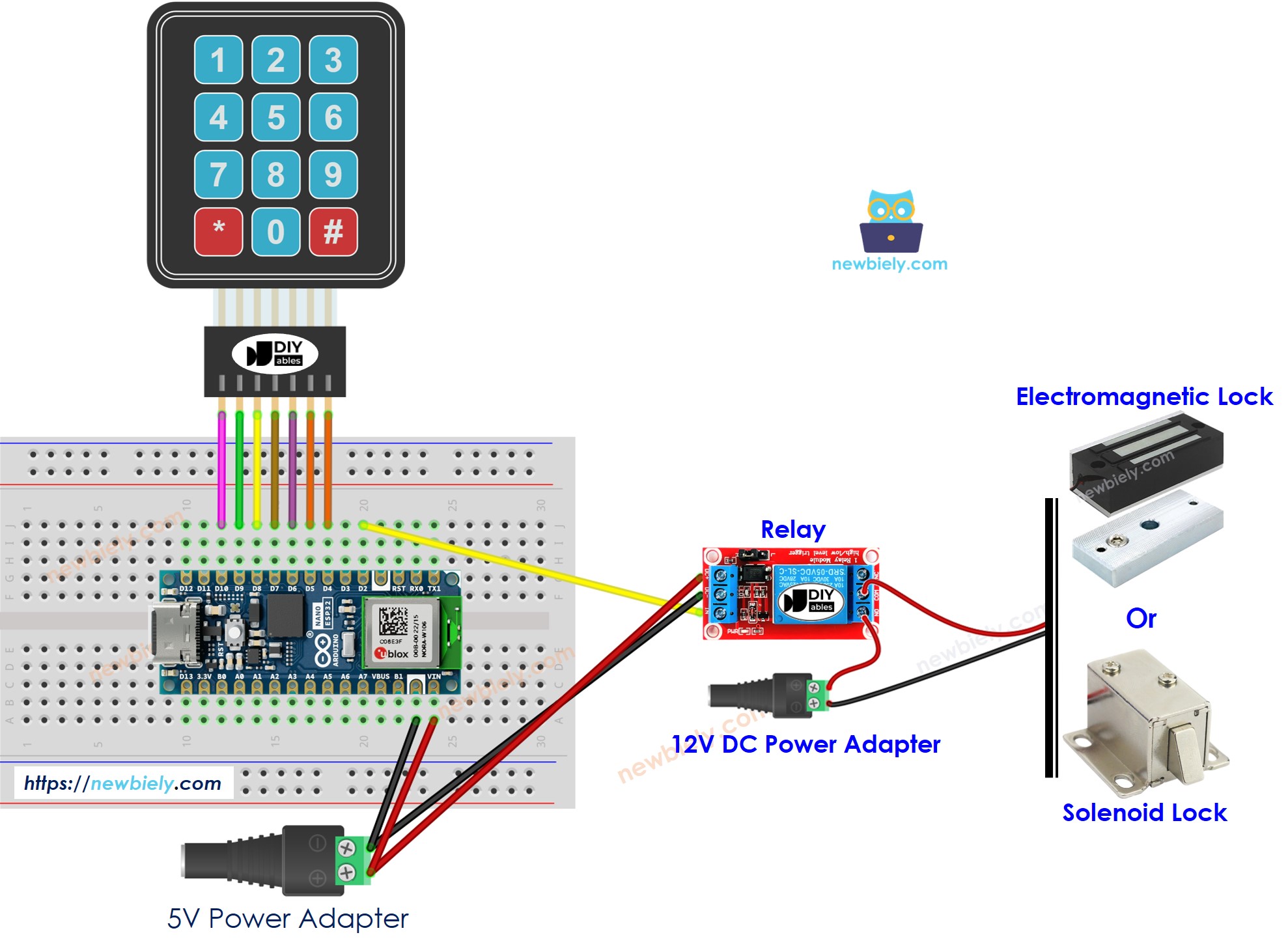 Diagrama de ligação do sistema de fechadura de porta com o Arduino Nano ESP32