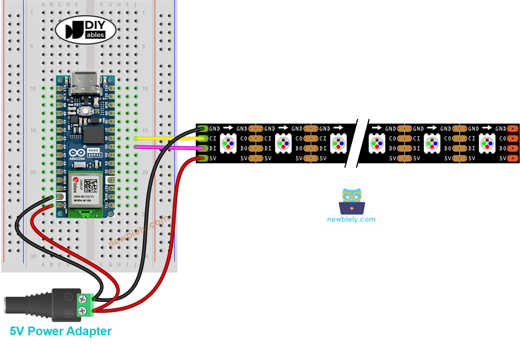 Diagrama de Ligação da fita LED RGB DotStar do Arduino Nano ESP32