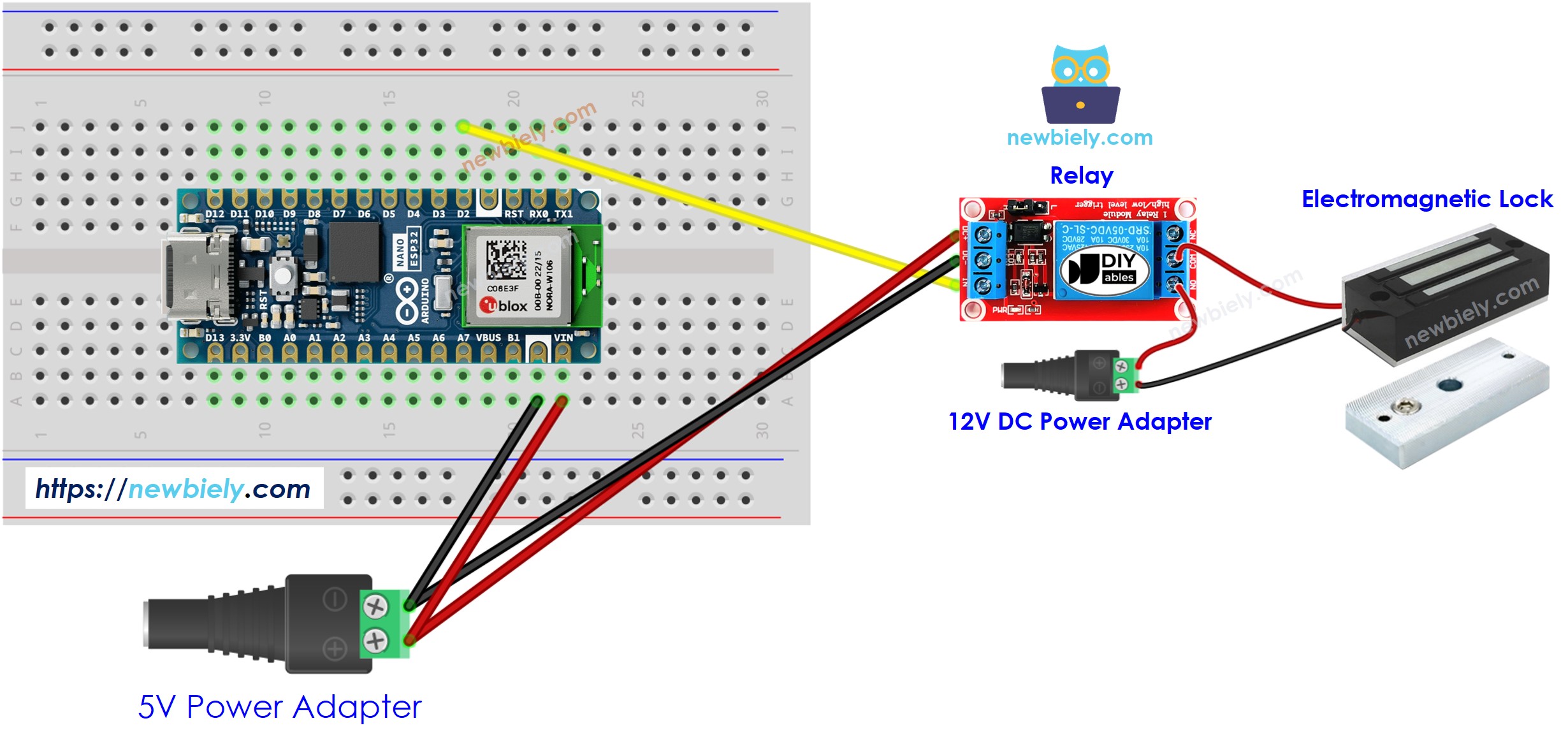 Diagrama de ligação da trava eletromagnética com o Arduino Nano ESP32