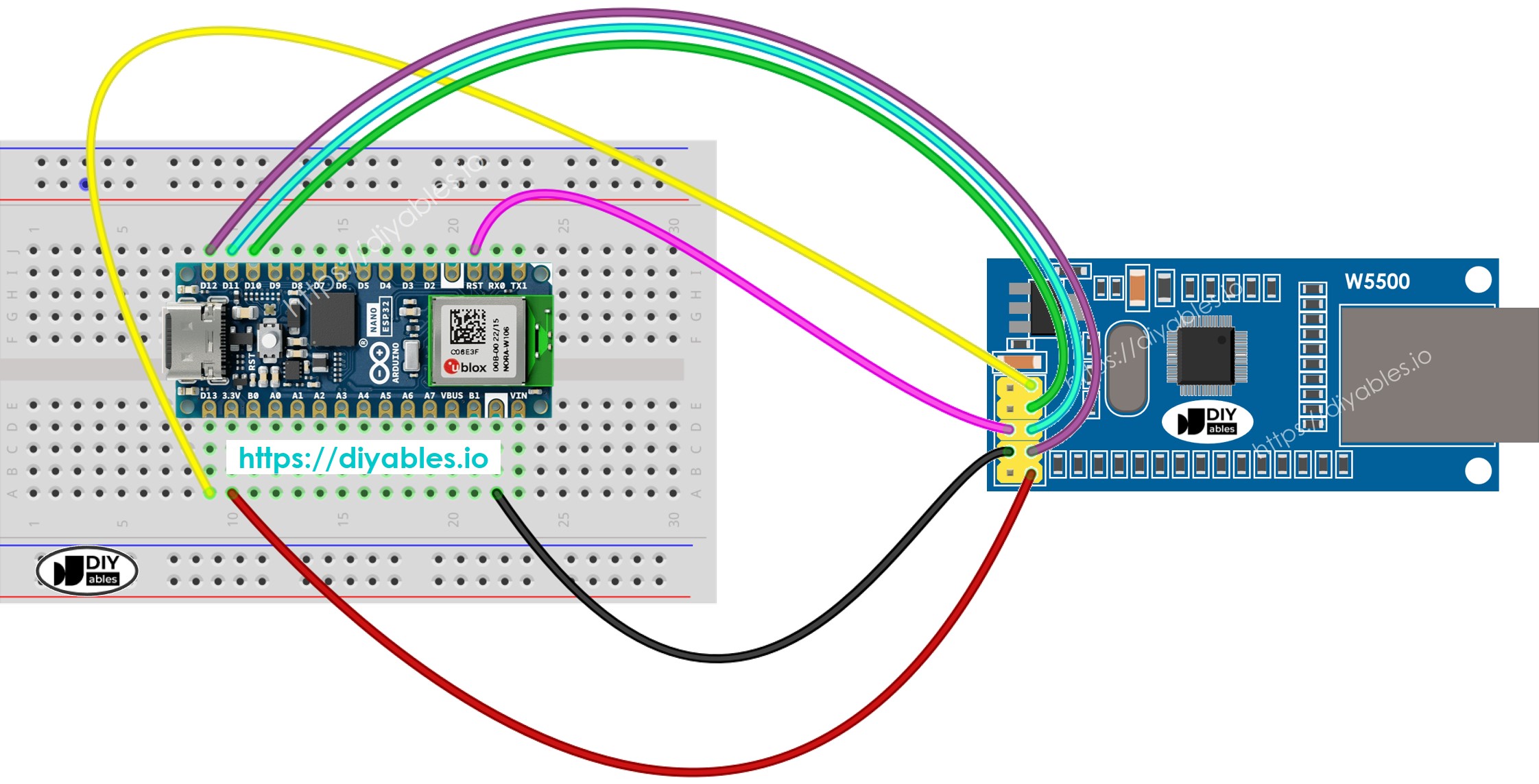 Diagrama de ligação do Arduino Nano ESP32 com módulo Ethernet