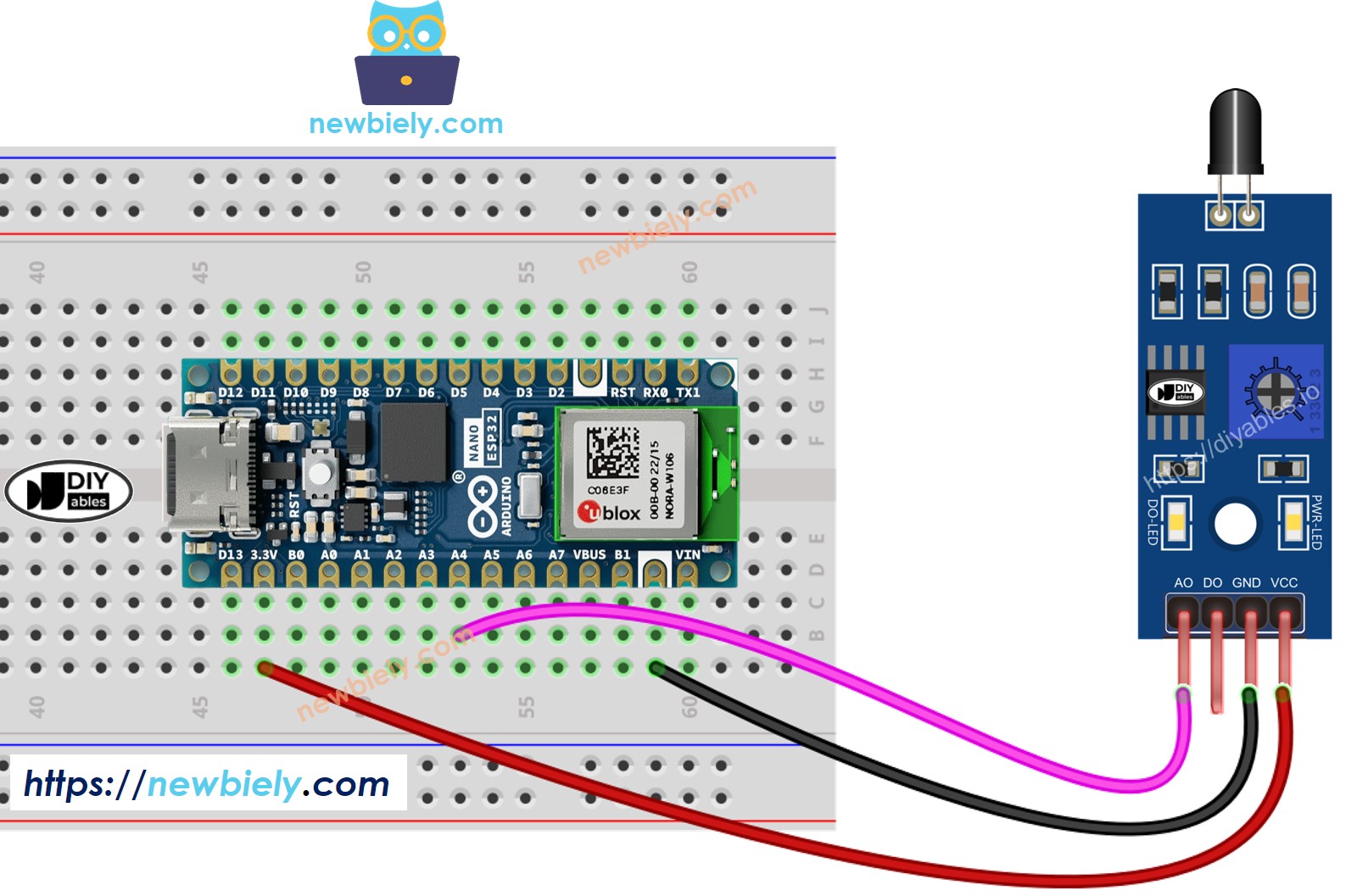 Diagrama de ligação do sensor de fogo com o Arduino Nano ESP32