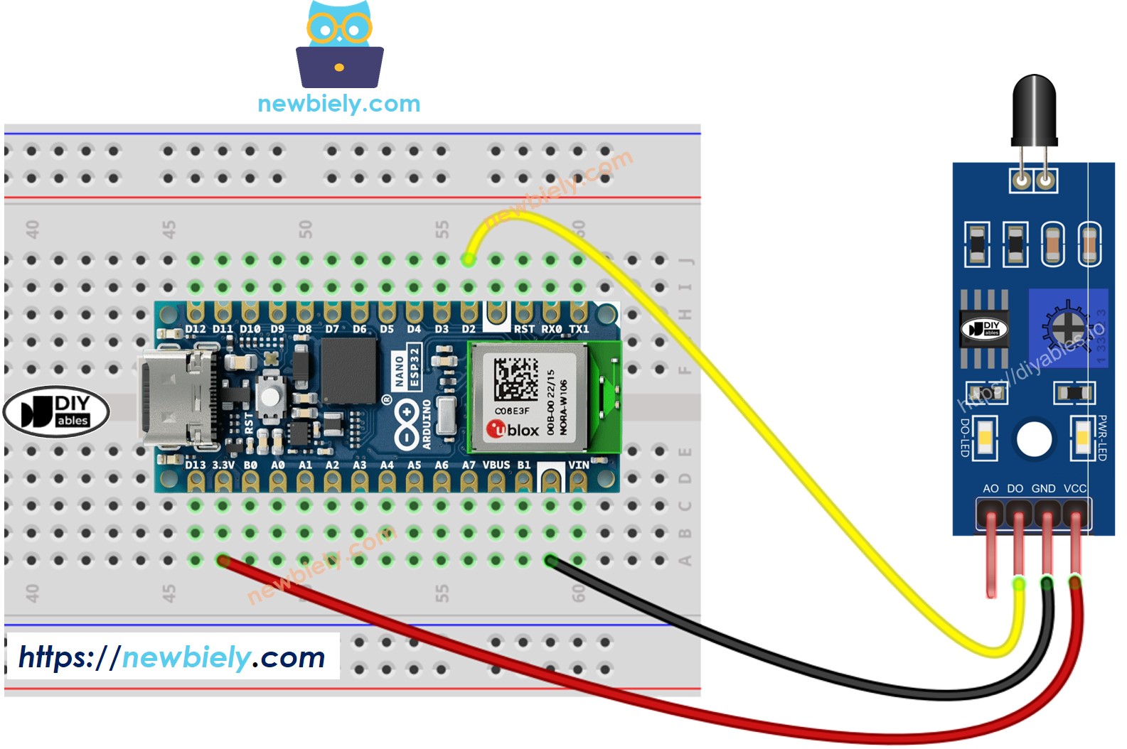 Diagrama de ligação do sensor de chama com o Arduino Nano ESP32