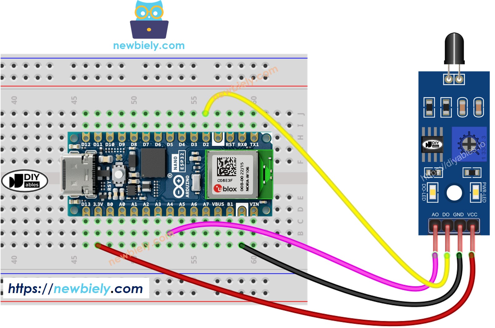 Diagrama de ligação do sensor de chama infravermelho com o Arduino Nano ESP32