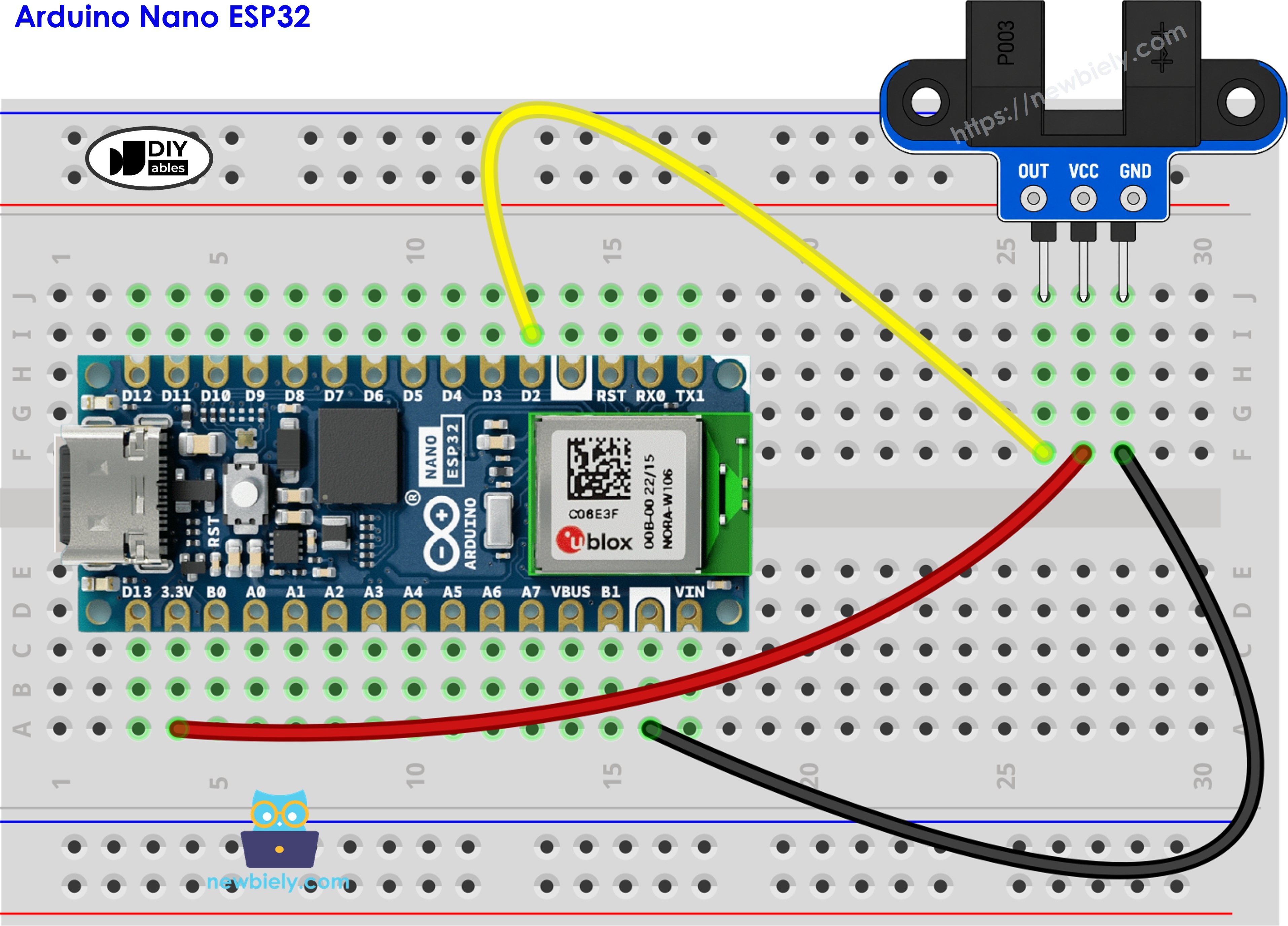 Diagrama de ligação do sensor óptico de velocidade com ranhura IR com o Arduino Nano ESP32