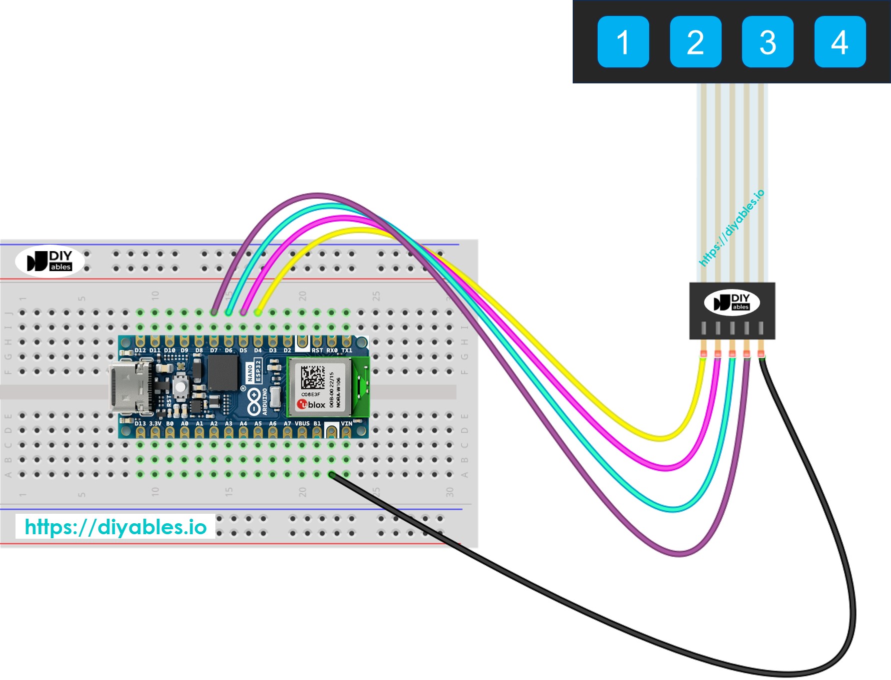 Diagrama de Ligação do Teclado 1x4 com Arduino Nano ESP32