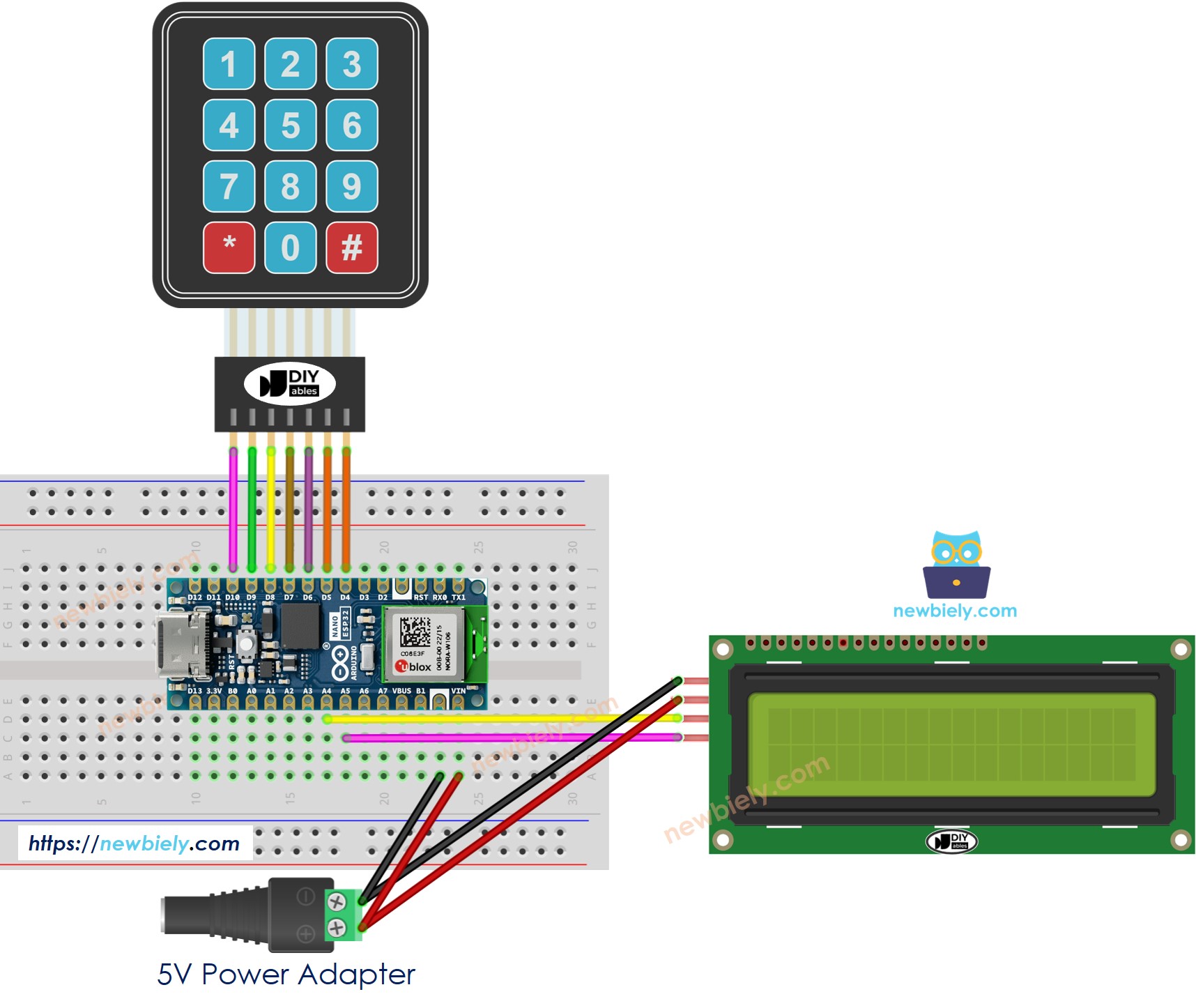 Diagrama de Ligação do Teclado e LCD com Arduino Nano ESP32