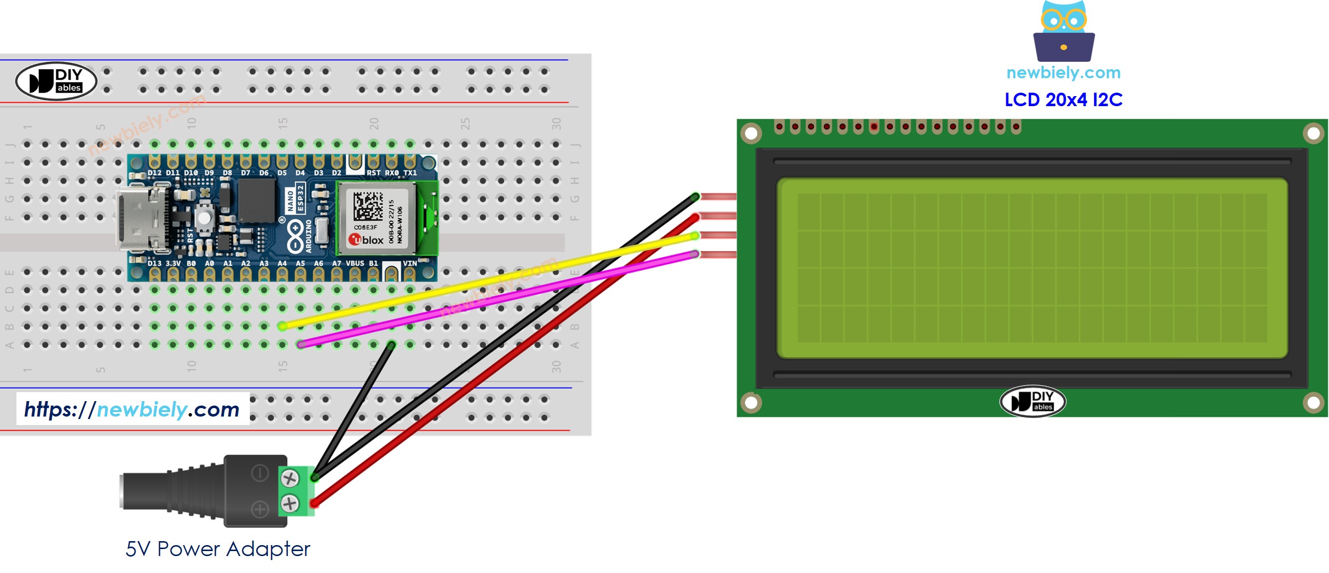 Diagrama de ligação do LCD 20x4 I2C com Arduino Nano ESP32