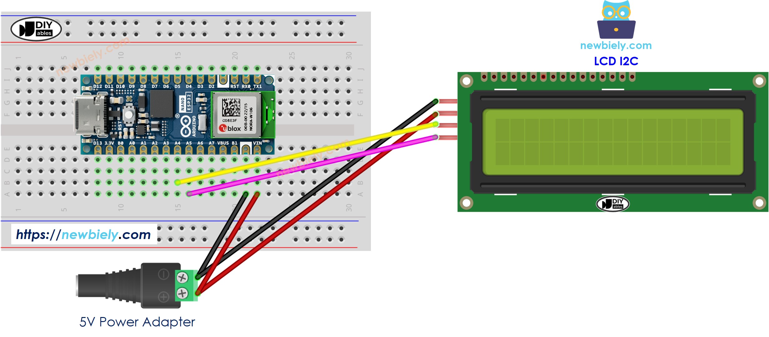 Diagrama de ligação do LCD I2C com Arduino Nano ESP32 e fonte de alimentação externa de 5V