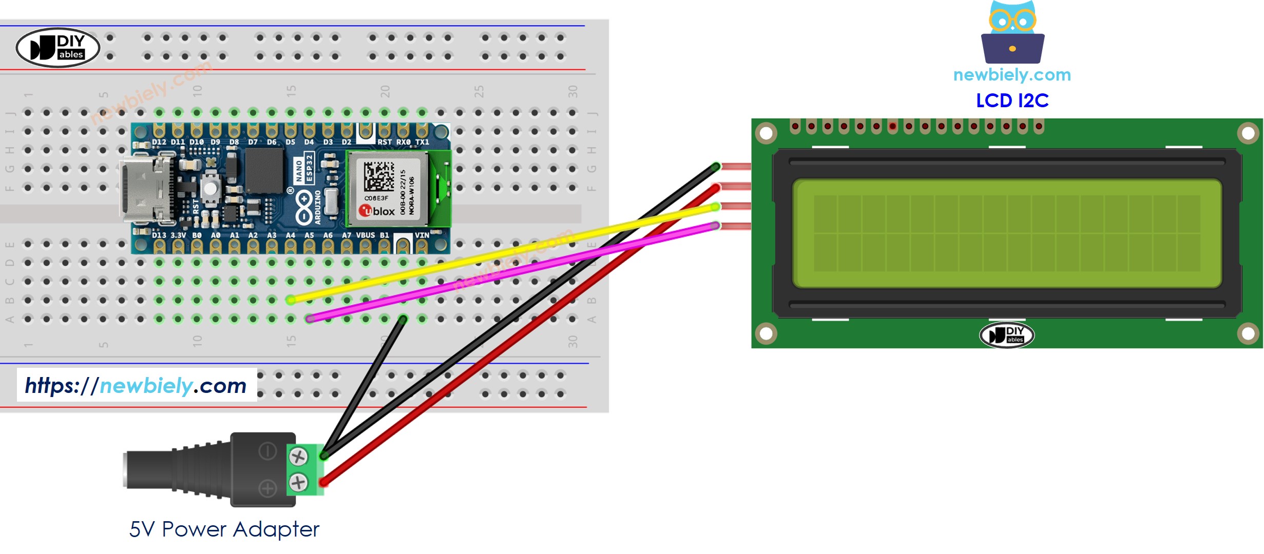 Diagrama de ligação do LCD I2C com Arduino Nano ESP32