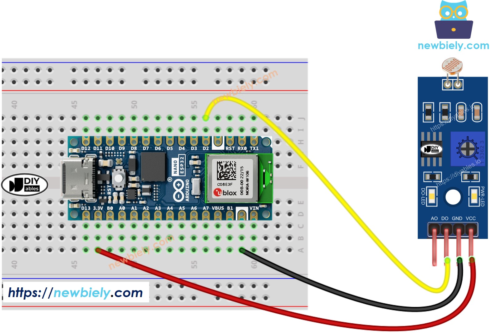 Diagrama de ligação do módulo sensor de luz LDR com o Arduino Nano ESP32