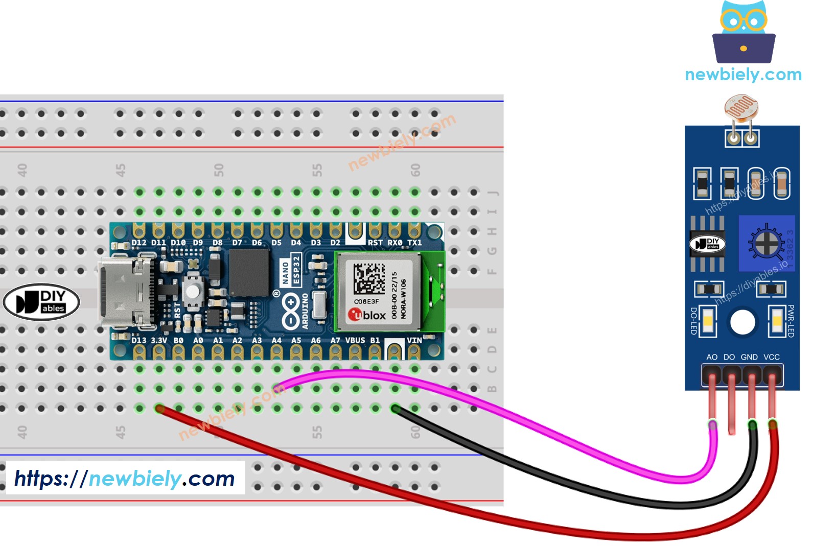Diagrama de ligação do módulo LDR com o Arduino Nano ESP32