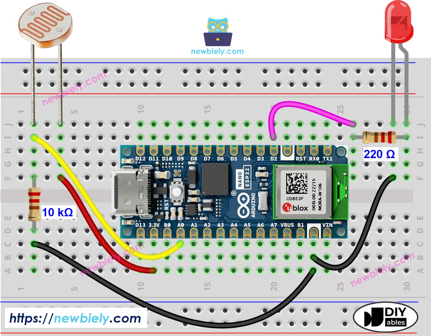 Diagrama de Ligação do Sensor de Luz e LED com o Arduino Nano ESP32