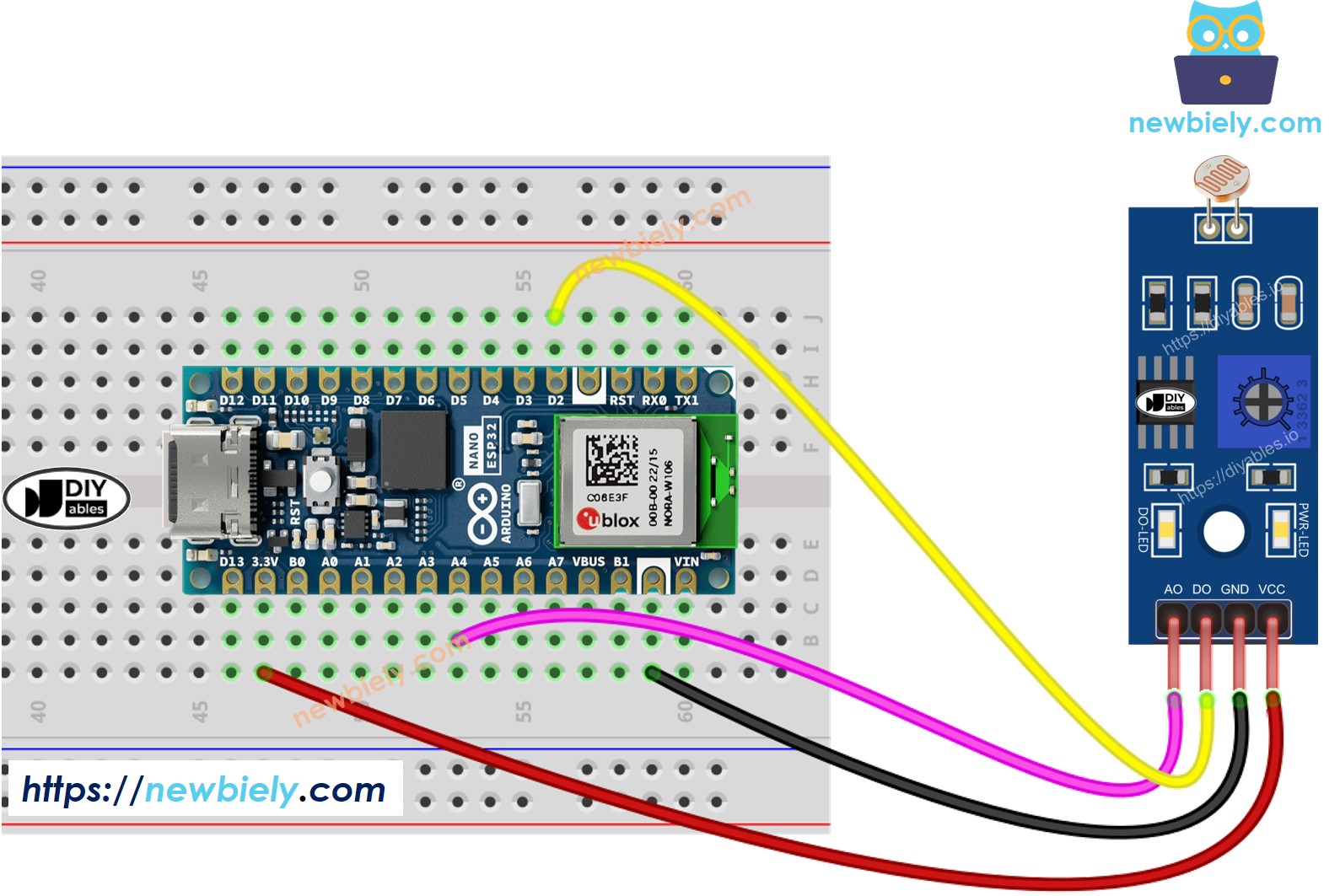 Diagrama de ligação do módulo sensor de luz com o Arduino Nano ESP32