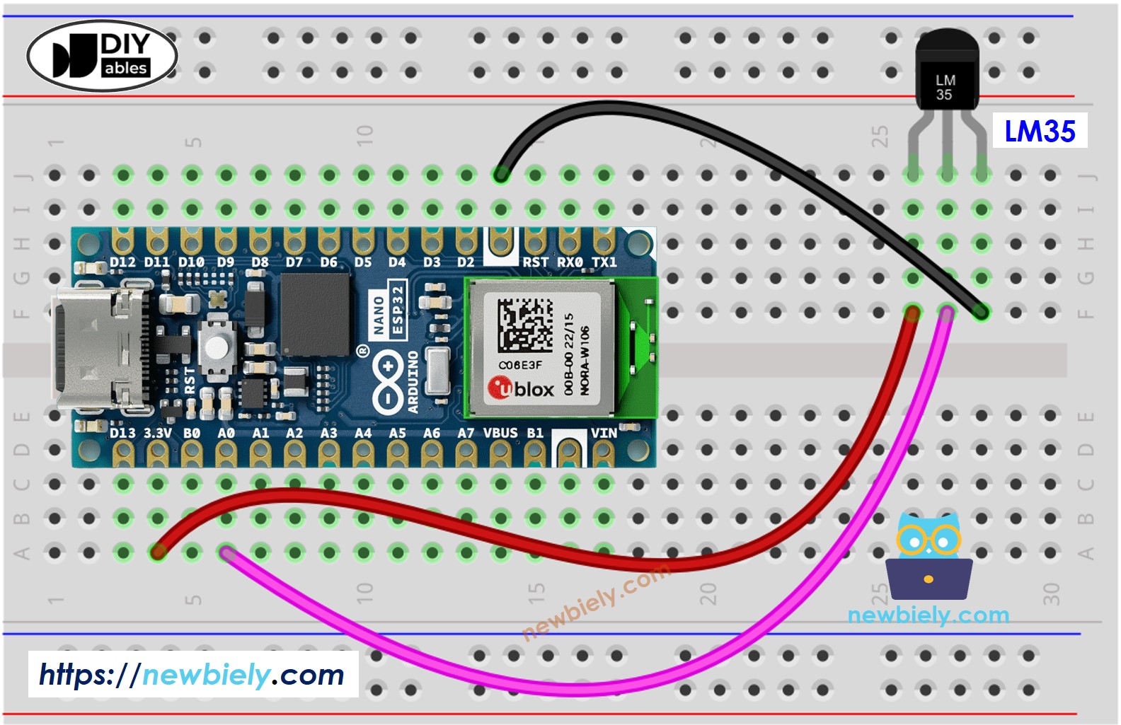 Diagrama de Ligação do sensor de temperatura LM35 com Arduino Nano ESP32