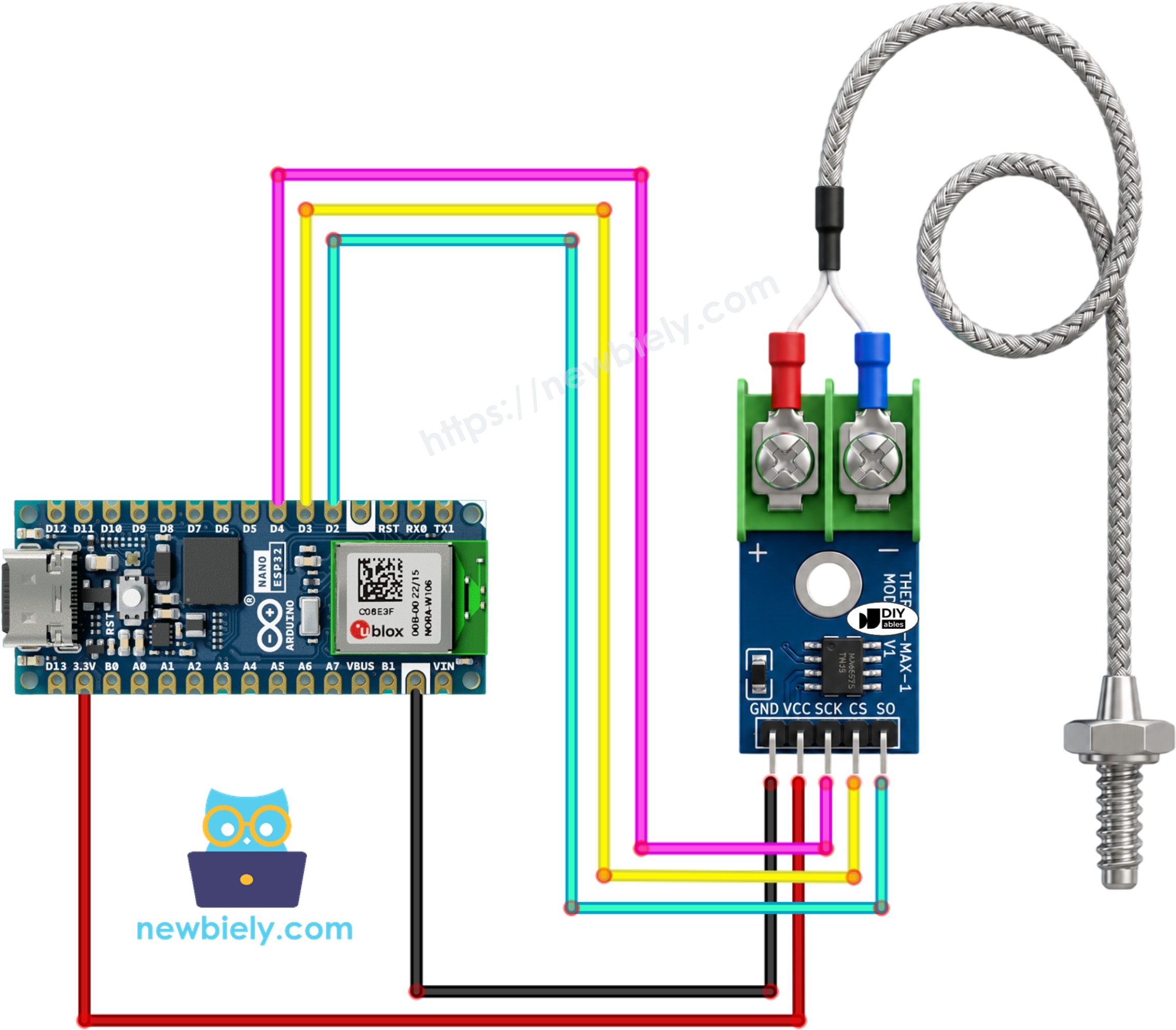 Diagrama de ligação do módulo termopar MAX6675 com Arduino Nano ESP32