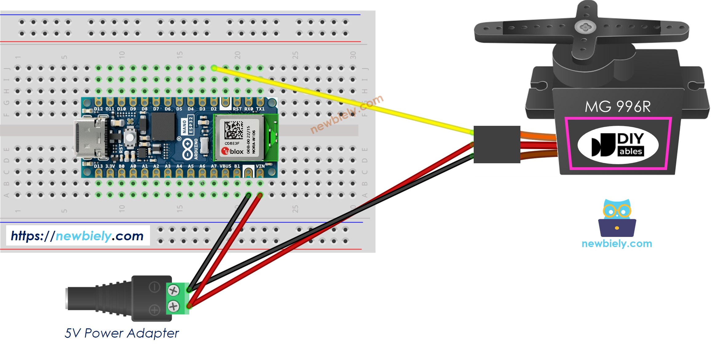 The wiring diagram between Arduino Nano ESP32 and MG996R Servo Motor external power