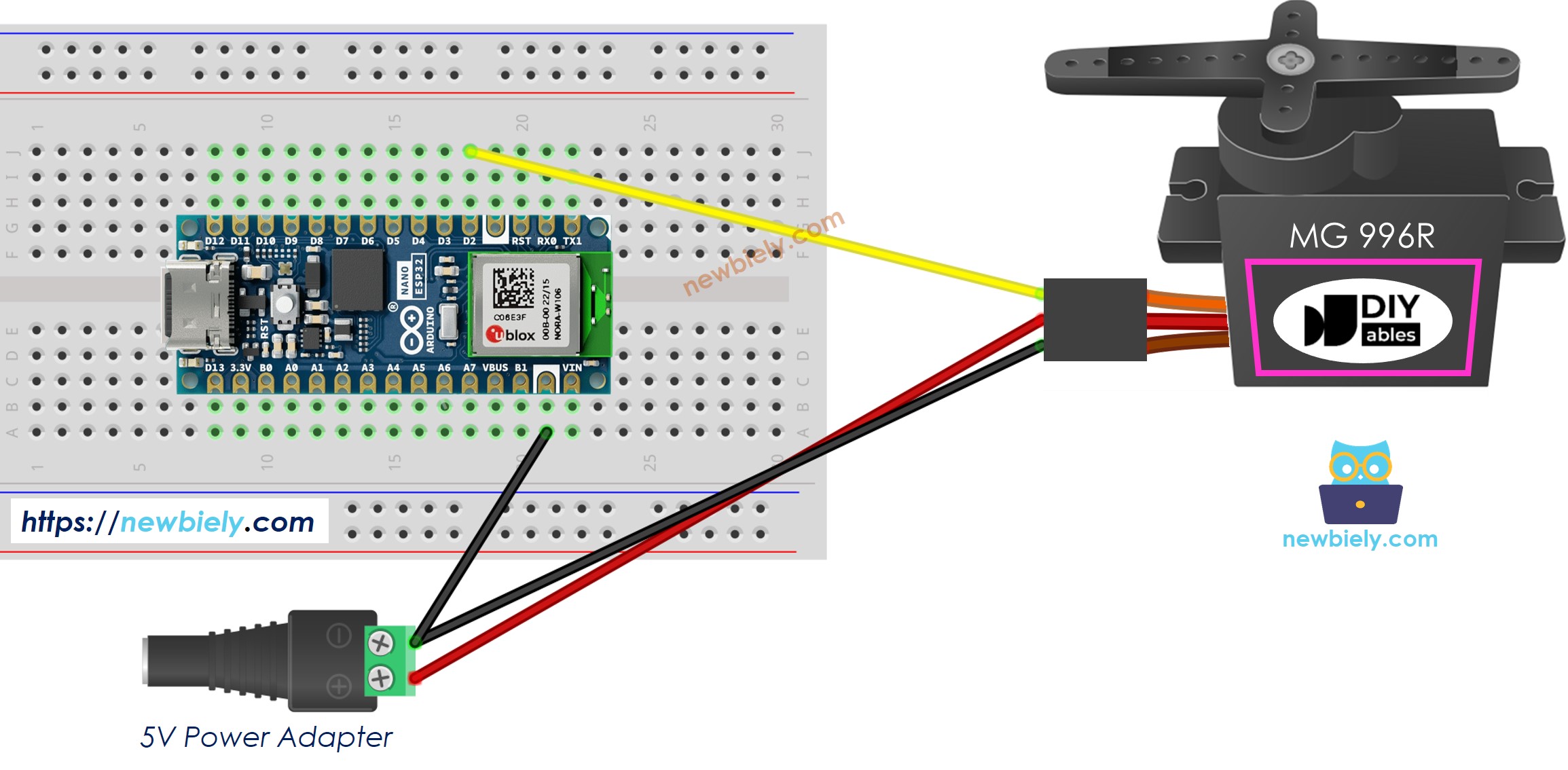 The wiring diagram between Arduino Nano ESP32 and MG996R Servo Motor