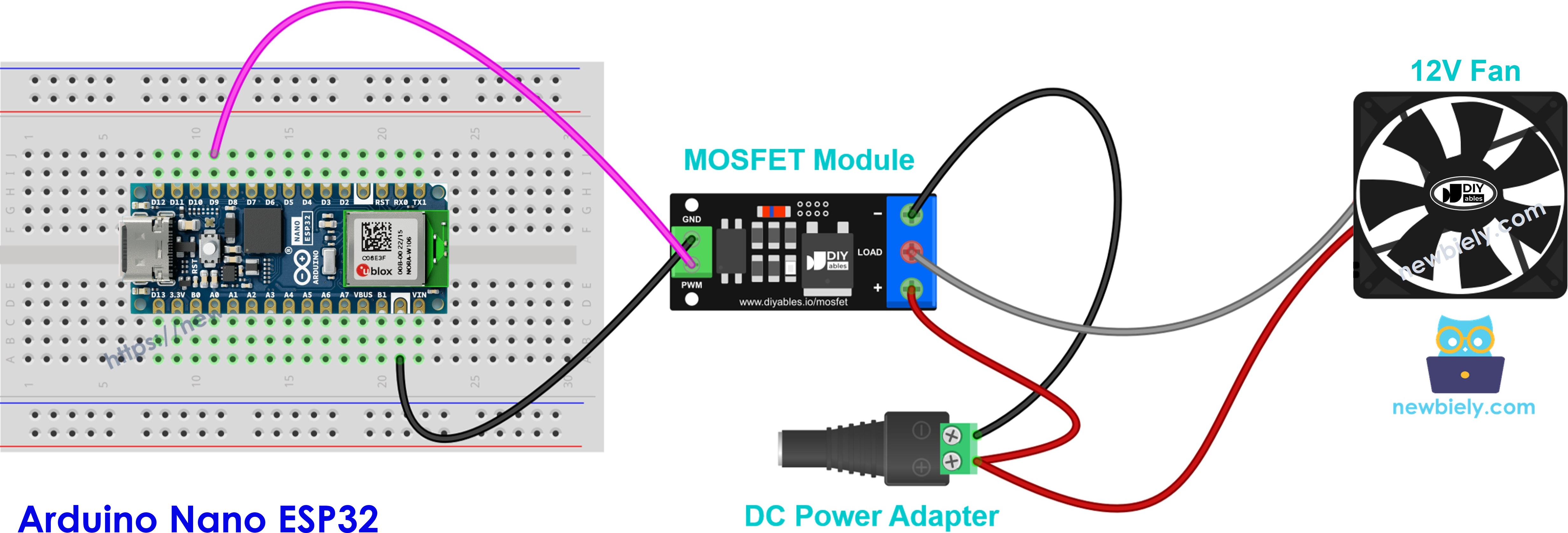 Módulo MOSFET ligado a uma ventoinha de refrigeração de 12V