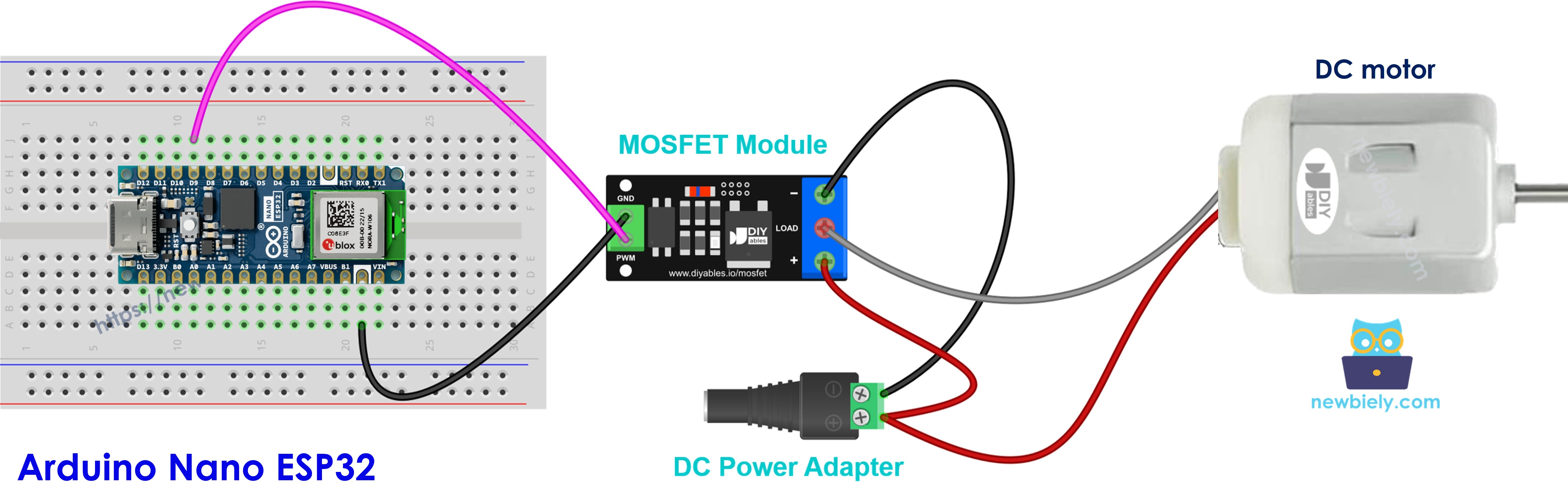 Exemplo do Arduino Nano ESP32: módulo MOSFET acionando um motor DC de 12V