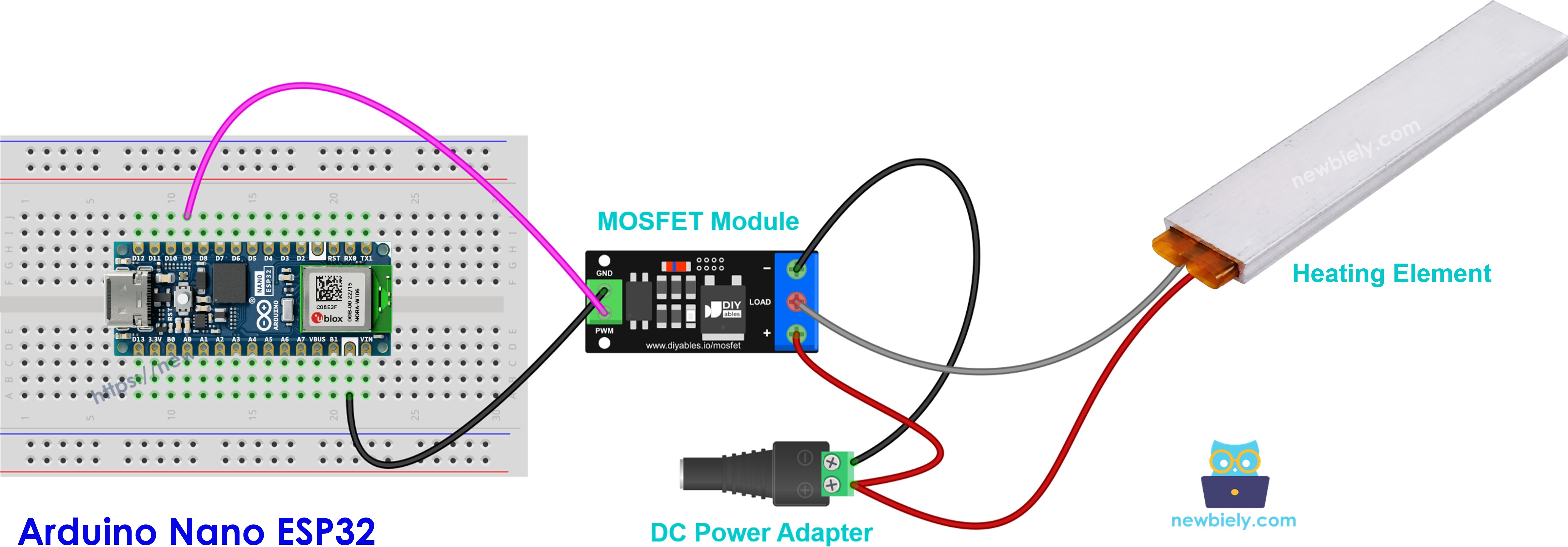 Diagrama de ligação do elemento de aquecimento com módulo MOSFET no Arduino Nano ESP32