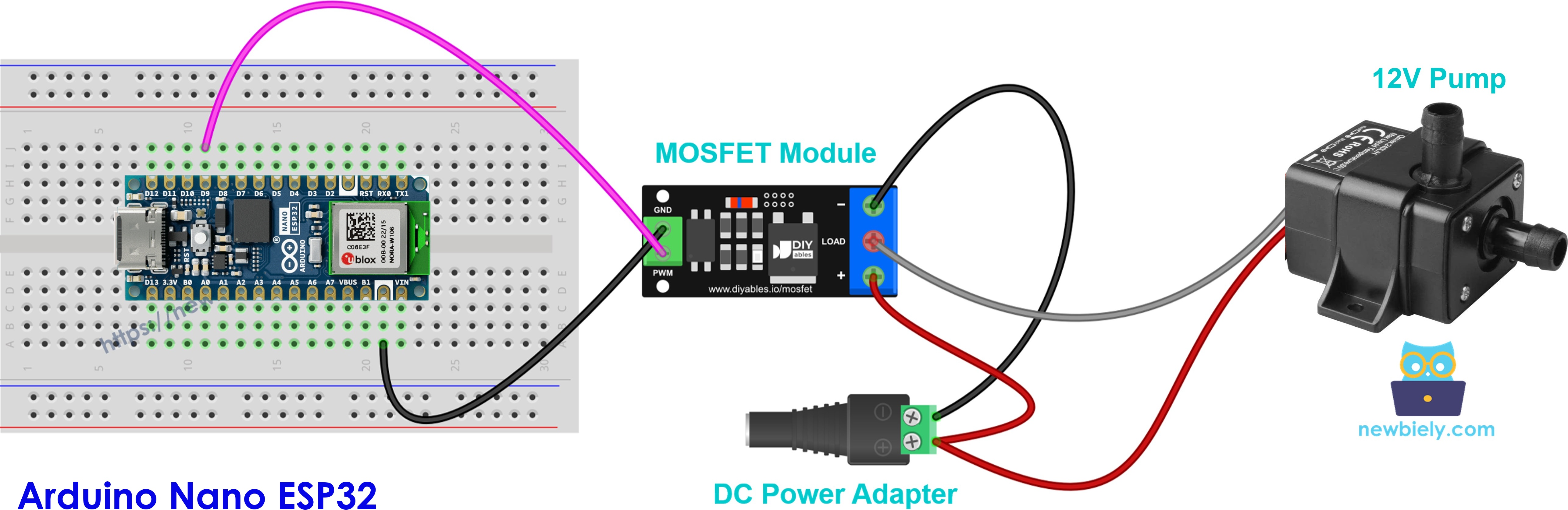 Diagrama de ligação da bomba com módulo MOSFET no Arduino Nano ESP32
