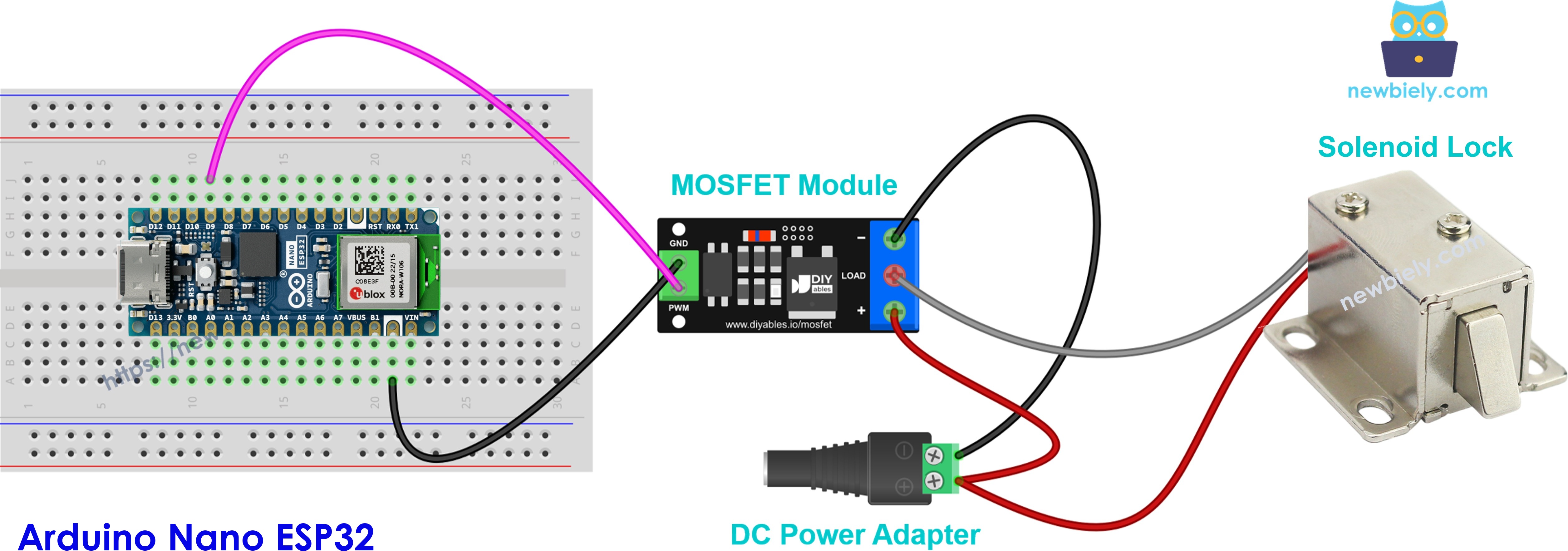 Exemplo do módulo MOSFET com uma trava solenoide de 12V