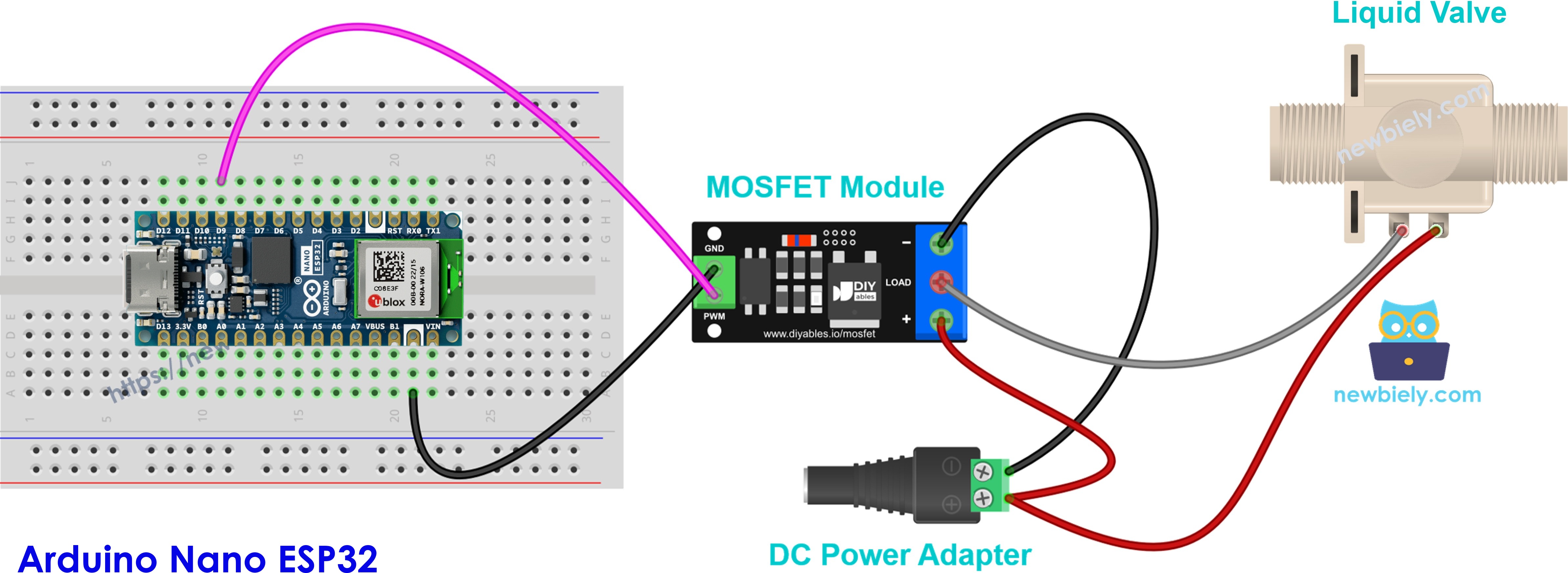 Válvula solenoide normalmente fechada de 12V ligada ao módulo MOSFET