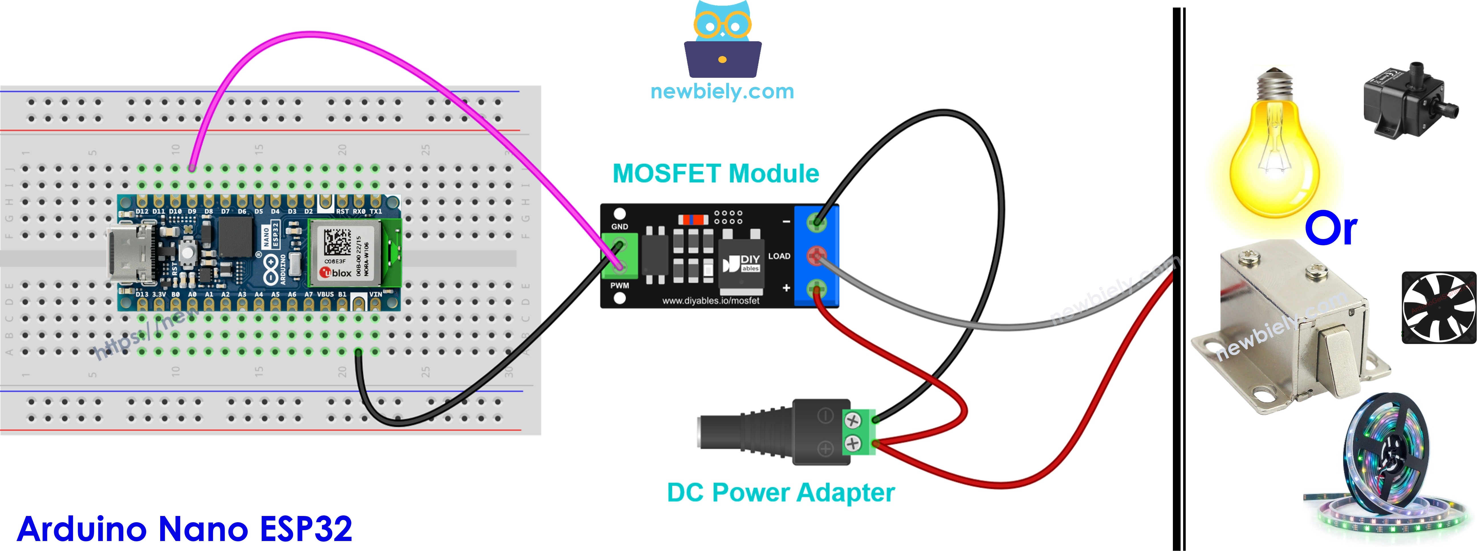 Diagrama de ligação do Arduino Nano ESP32 com módulo MOSFET AOD4184, LR7843 ou FR120N